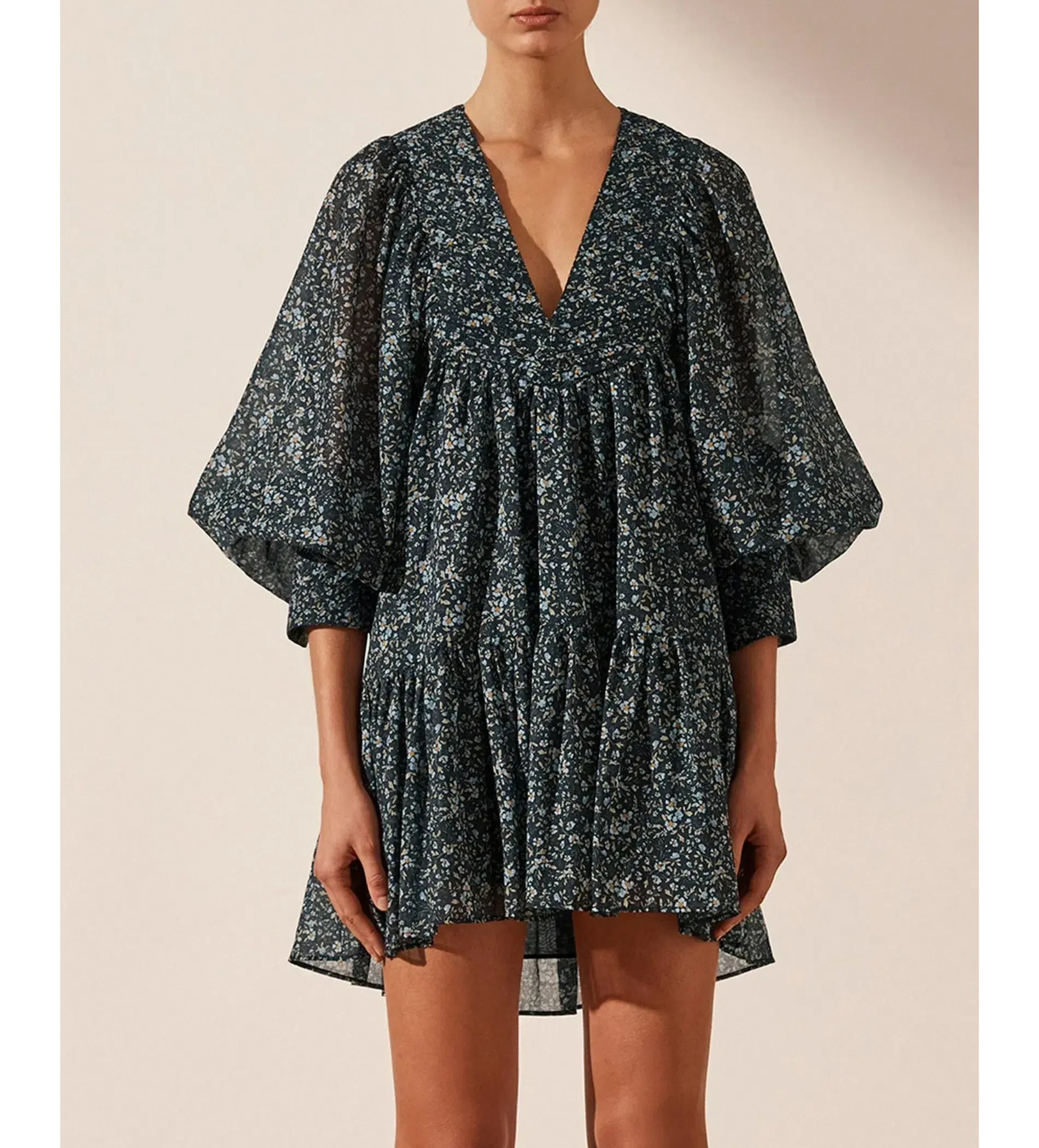 Shona Joy Denise Pintuck Ballon Sleeve Mini Dress Floral Size AU 14 - Image 2