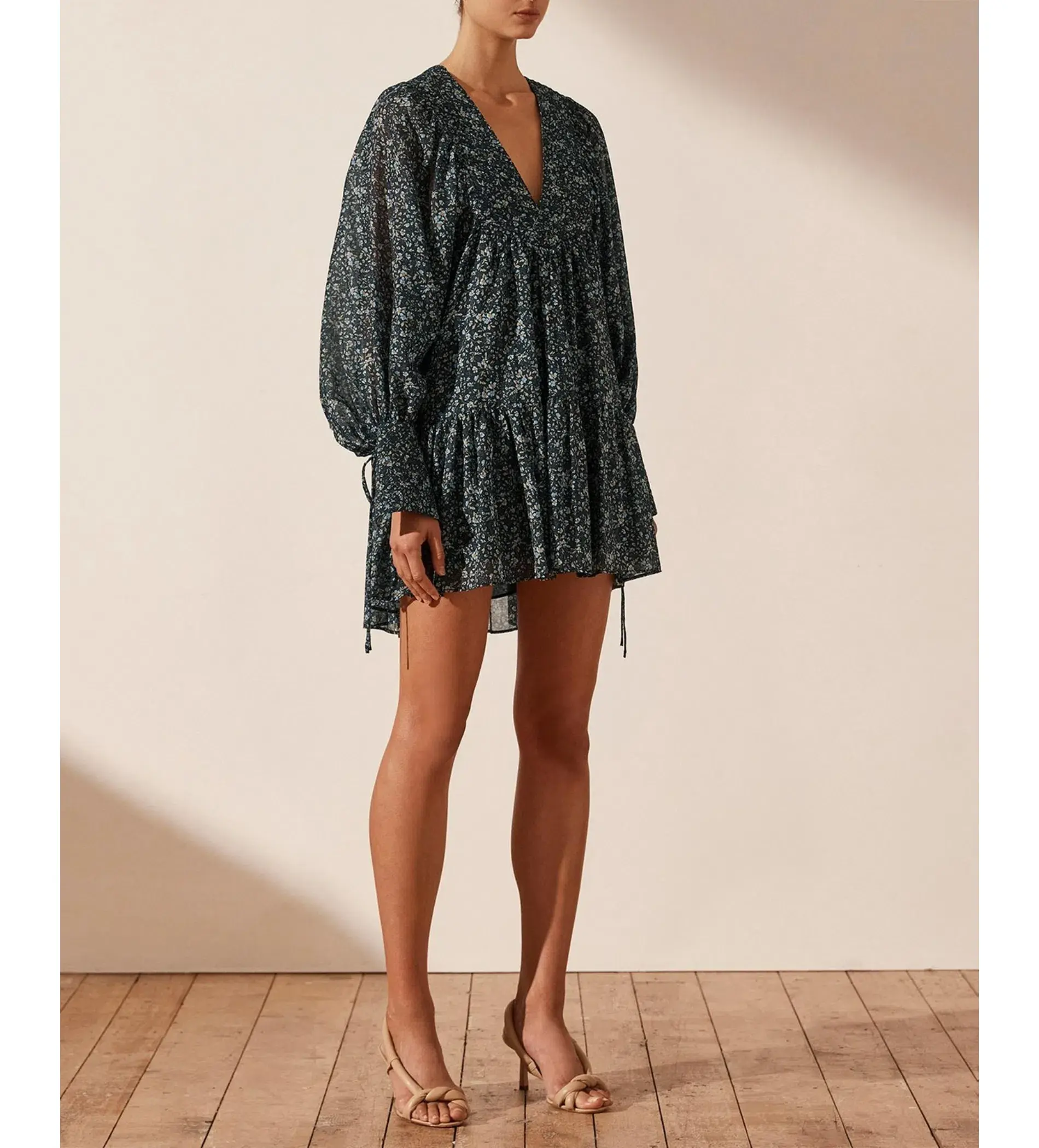 Shona Joy Denise Pintuck Ballon Sleeve Mini Dress Floral Size AU 14 - Image 1