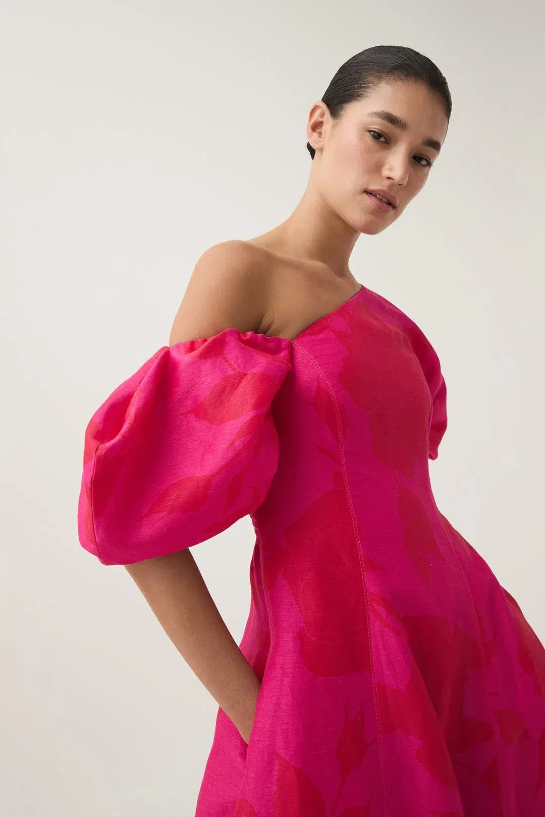 Aje Arista Tulip Sleeve Midi Dress in Florescent Rose Size AU 16  for rent on The Volte - main image