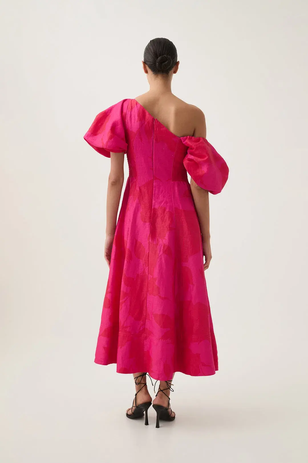 Aje Arista Tulip Sleeve Midi Dress in Florescent Rose Size AU 16  for rent on The Volte - main image