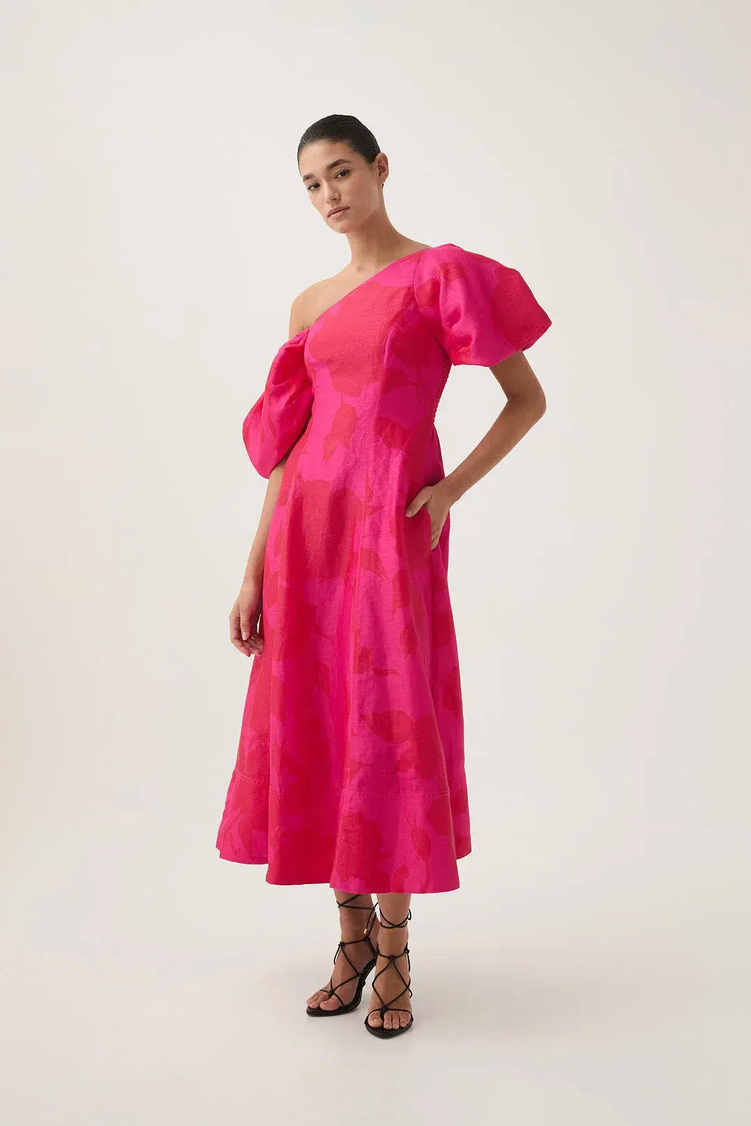 Aje Arista Tulip Sleeve Midi Dress in Florescent Rose Size AU 16  for rent on The Volte - main image