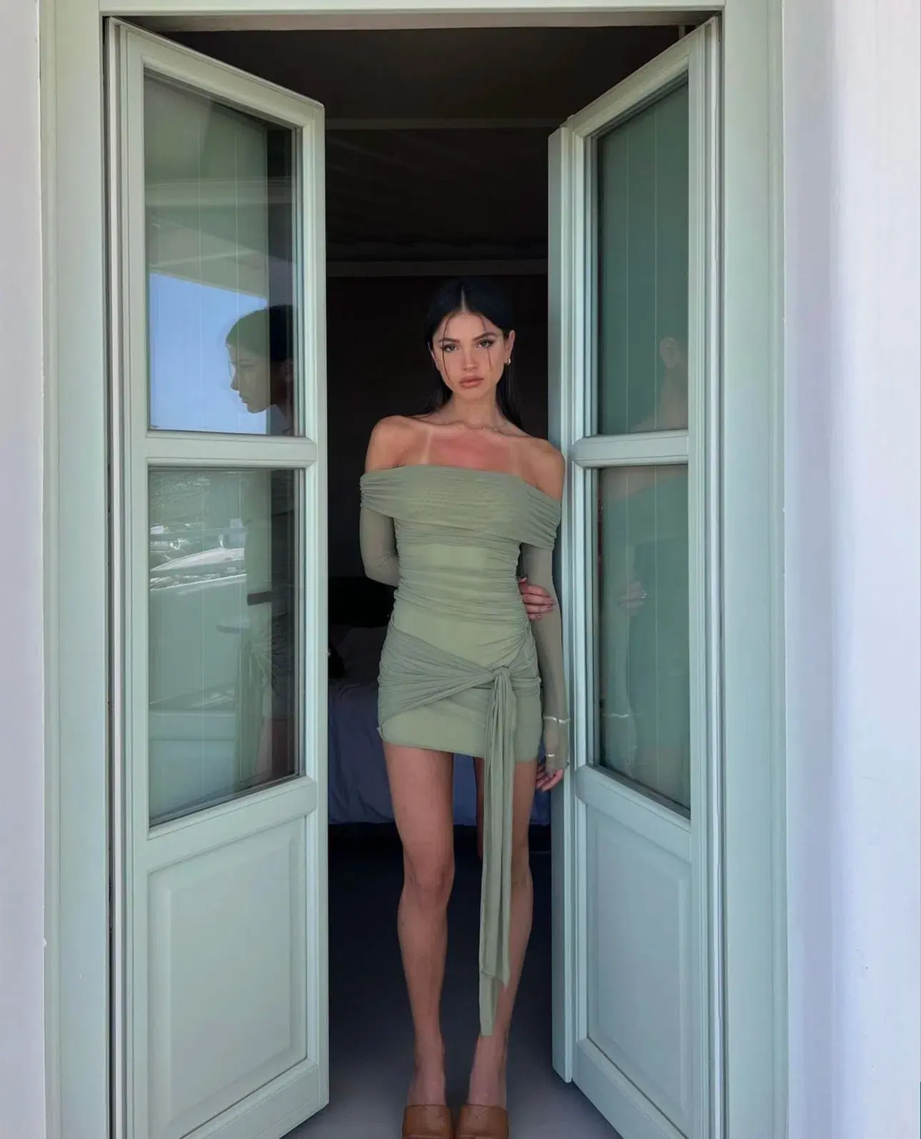 Benni Yasmin Off Shoulder Mini Dress Pistachio Size AU 8 - Image 3