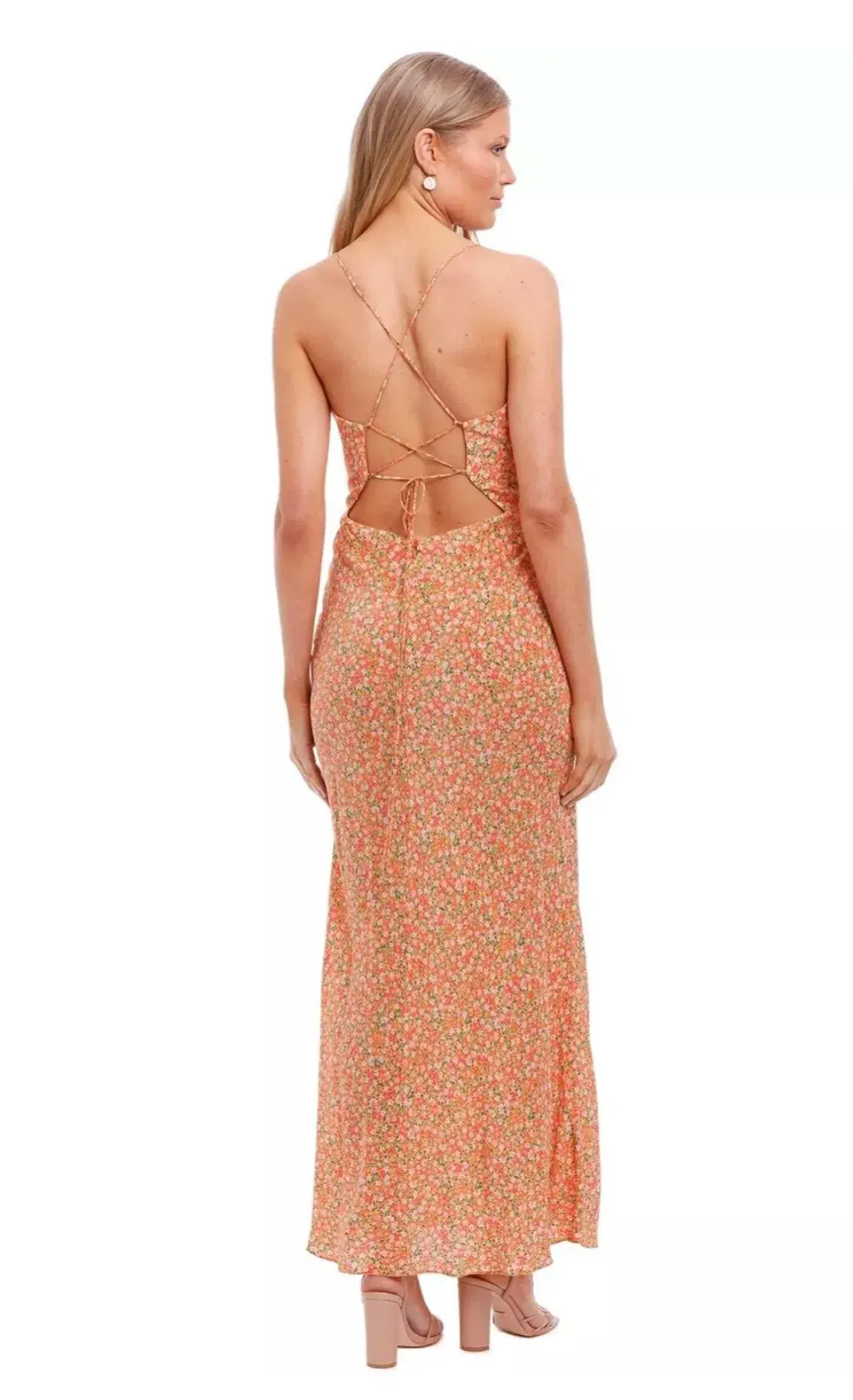 Bec & Bridge Rosie Silk Cut Out Tie Front Midi Dress Orange Floral Size 8 - Image 3