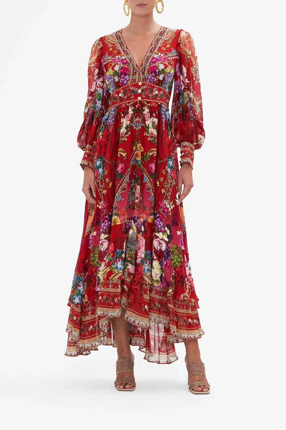 Camilla Red Long Button Front Dress ‘Rites of Roses’ Size S / AU 10 - Image 1
