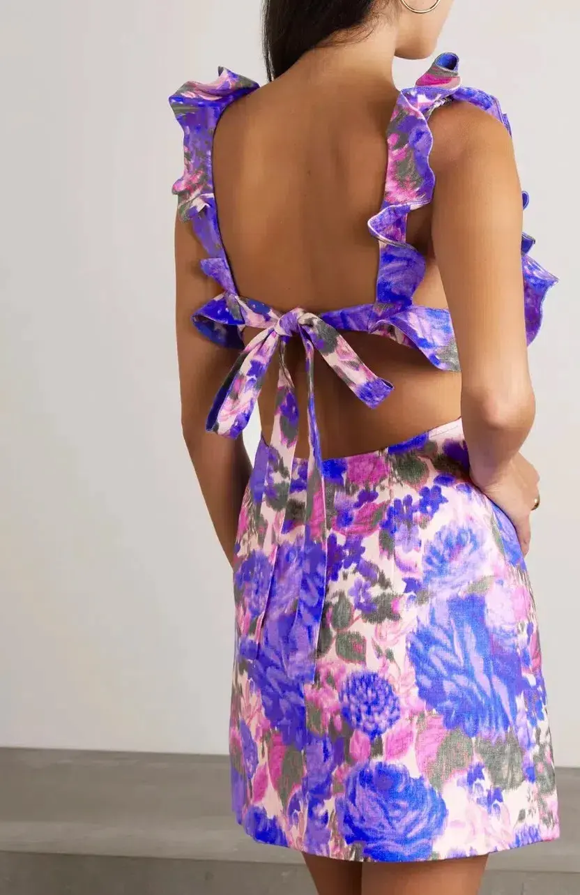 Zimmermann High Tide Frilled Mini Dress in Purple Ikat Floral Size 0 / AU 8 for rent on The Volte - main image