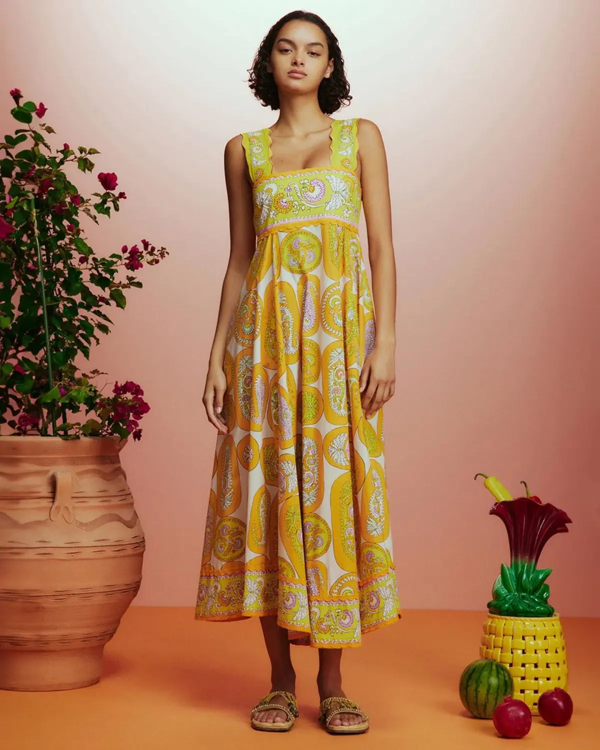 Alemais Diana Summer Midi Dress Yellow Print Size AU 14 - Image 1