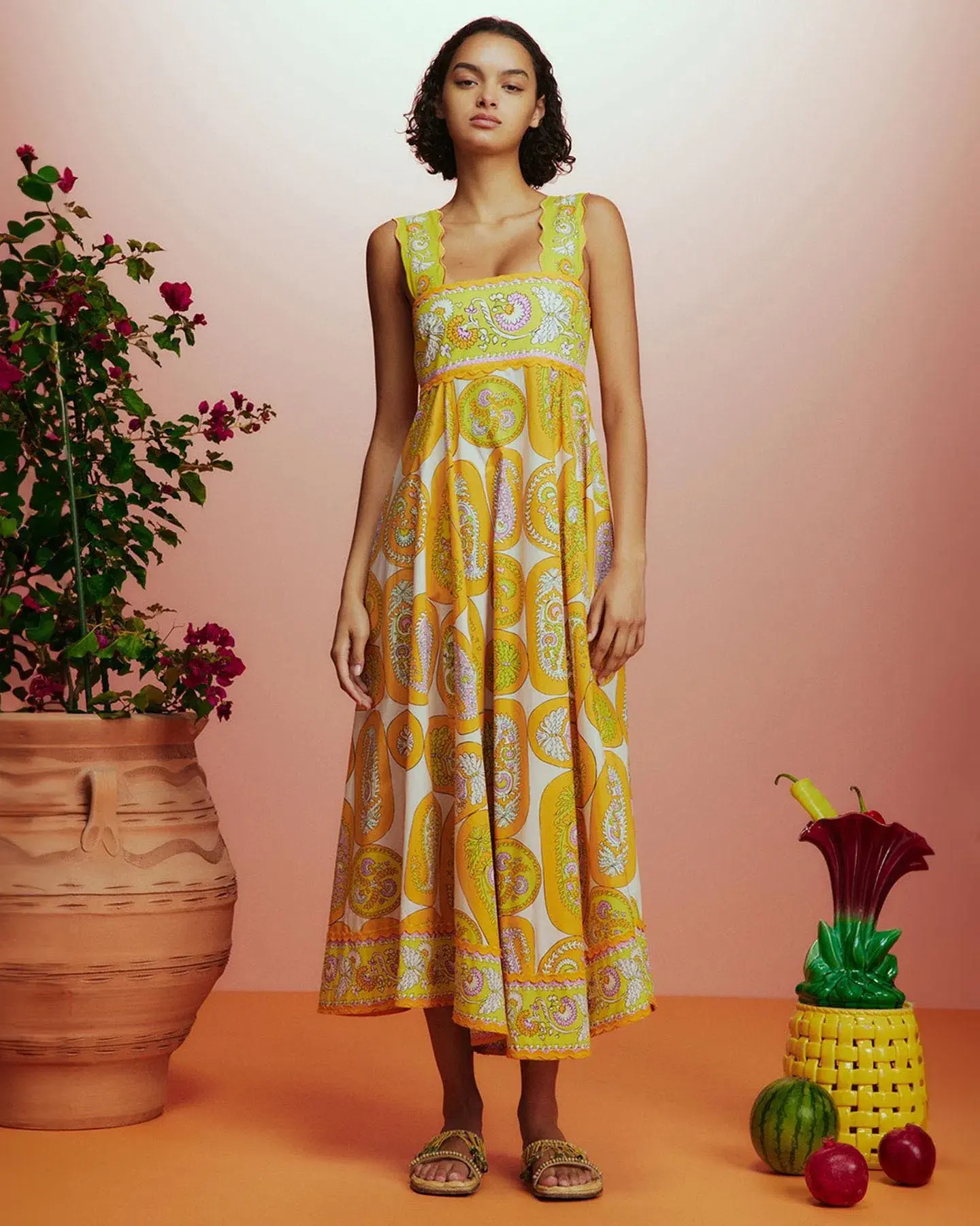 Alemais Diana Summer Midi Dress Yellow Print Size AU 14 - Image 1