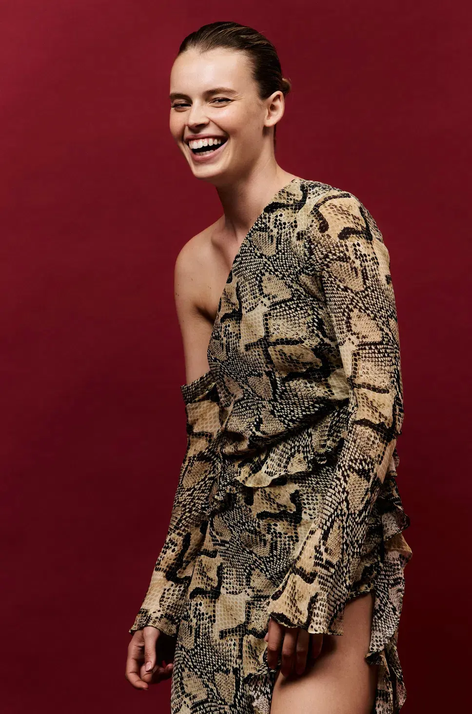 Shona Joy Hadiya Asymmetrical Long Sleeve Ruffle Maxi Dress in Hadiya Snake Print Size AU 8 - Image 2