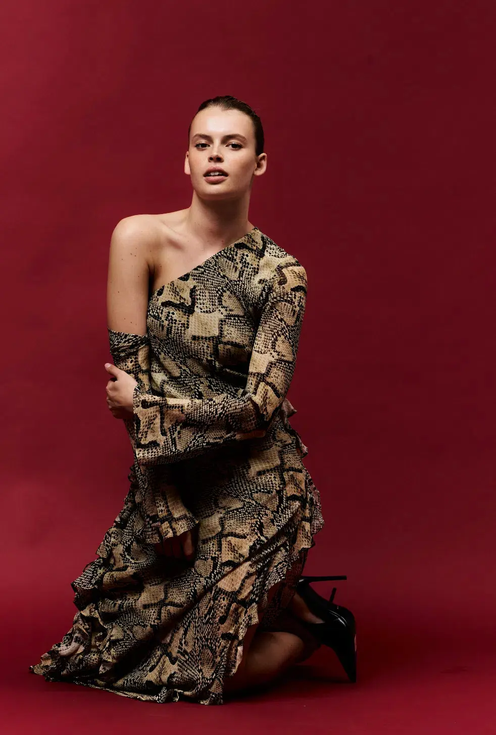 Shona Joy Hadiya Asymmetrical Long Sleeve Ruffle Maxi Dress in Hadiya Snake Print Size AU 8 - Image 1