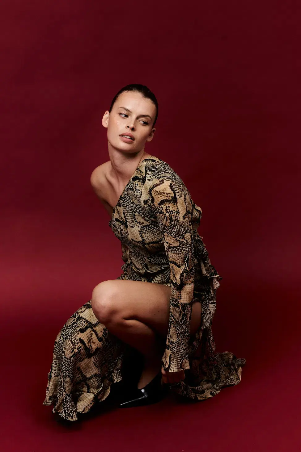Shona Joy Hadiya Asymmetrical Long Sleeve Ruffle Maxi Dress in Hadiya Snake Print Size AU 8 - Image 3