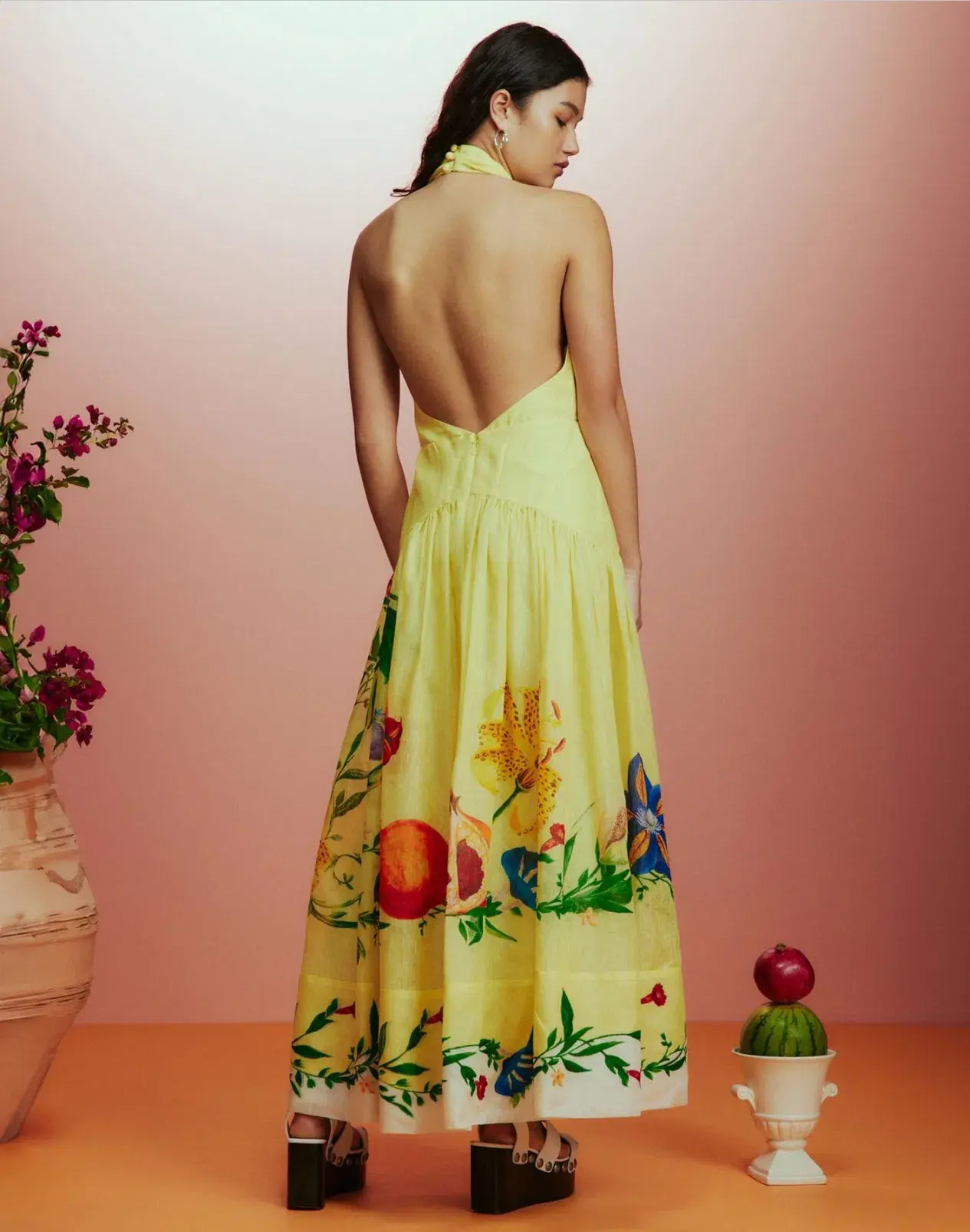 Alemais  Dahlia Halter Gown Midi Yellow Print Size AU 10  - Image 3