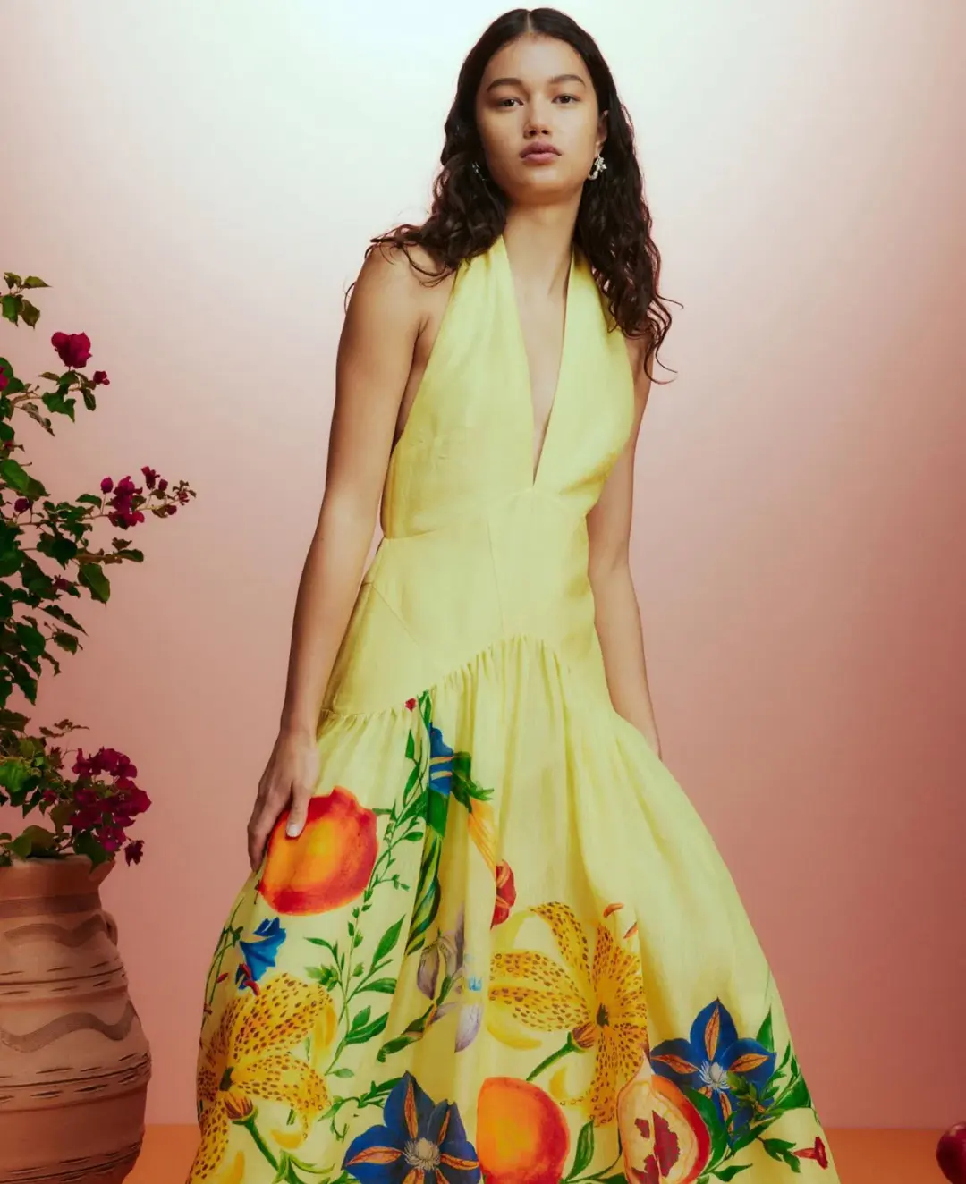 Alemais  Dahlia Halter Gown Midi Yellow Print Size AU 10  for rent on The Volte - main image