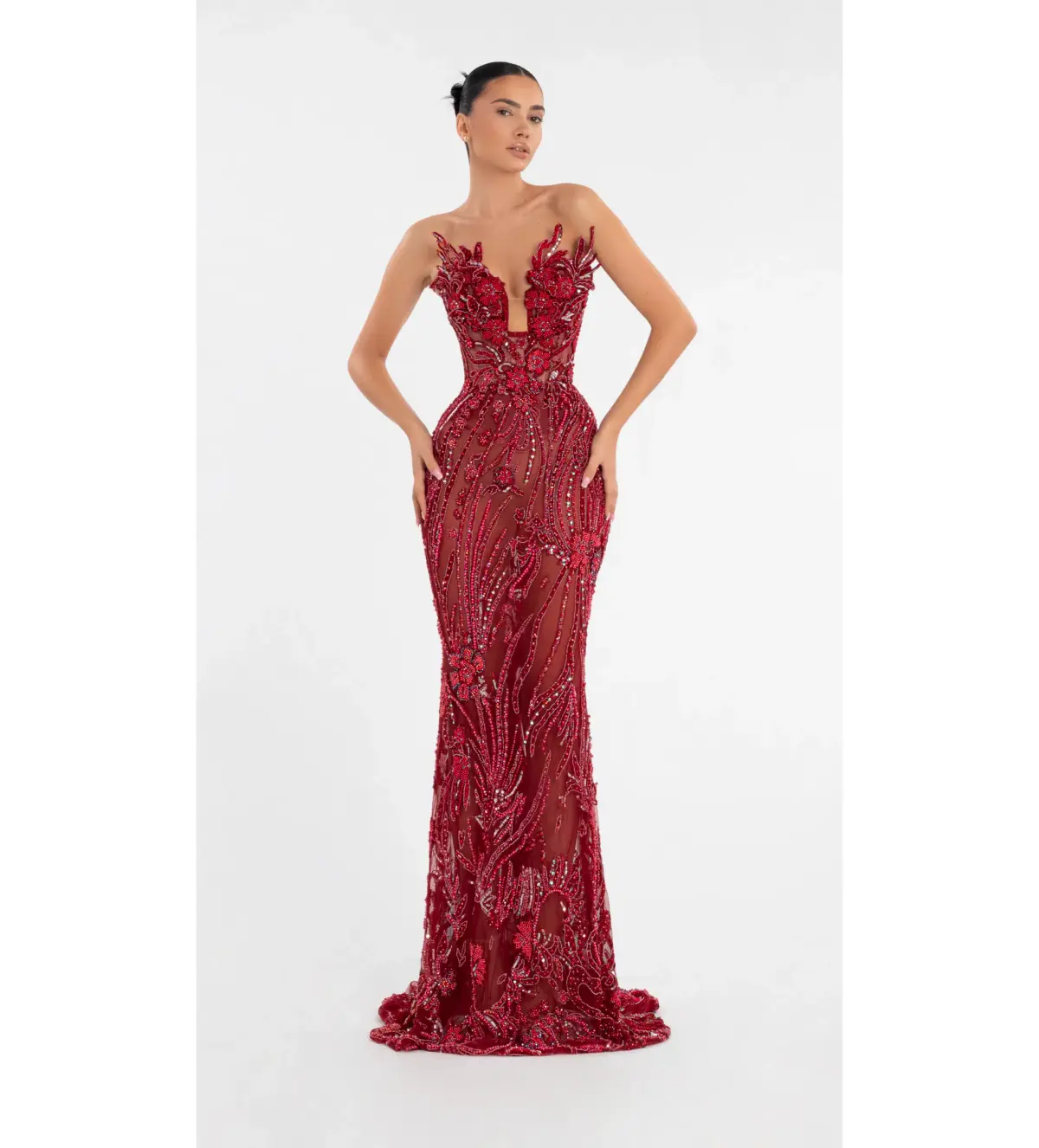 Albina Dyla Long Dress With Flower Embellishment Red Size AU 6 - Image 1
