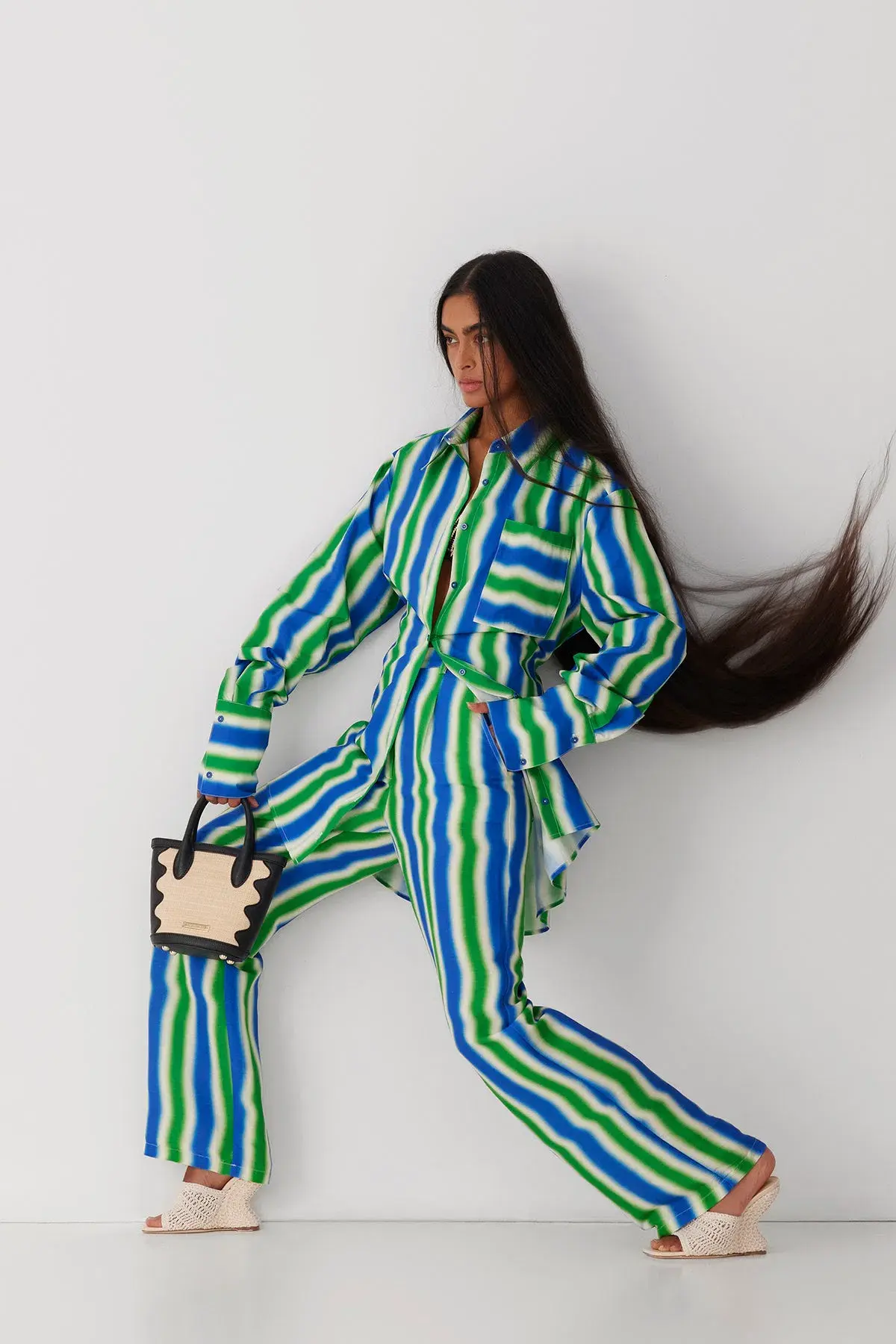 The Wolf Gang Waikiki Shirt Dress and Pant Set Cobalt Zigzag Size 8 - Image 1