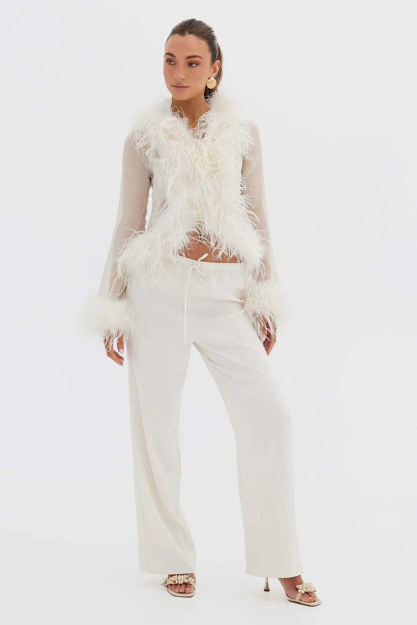 Bubish Gigi Sheer Feather Blouse & Bailey Draw Pant Set Ivory Size 8  - Image 4
