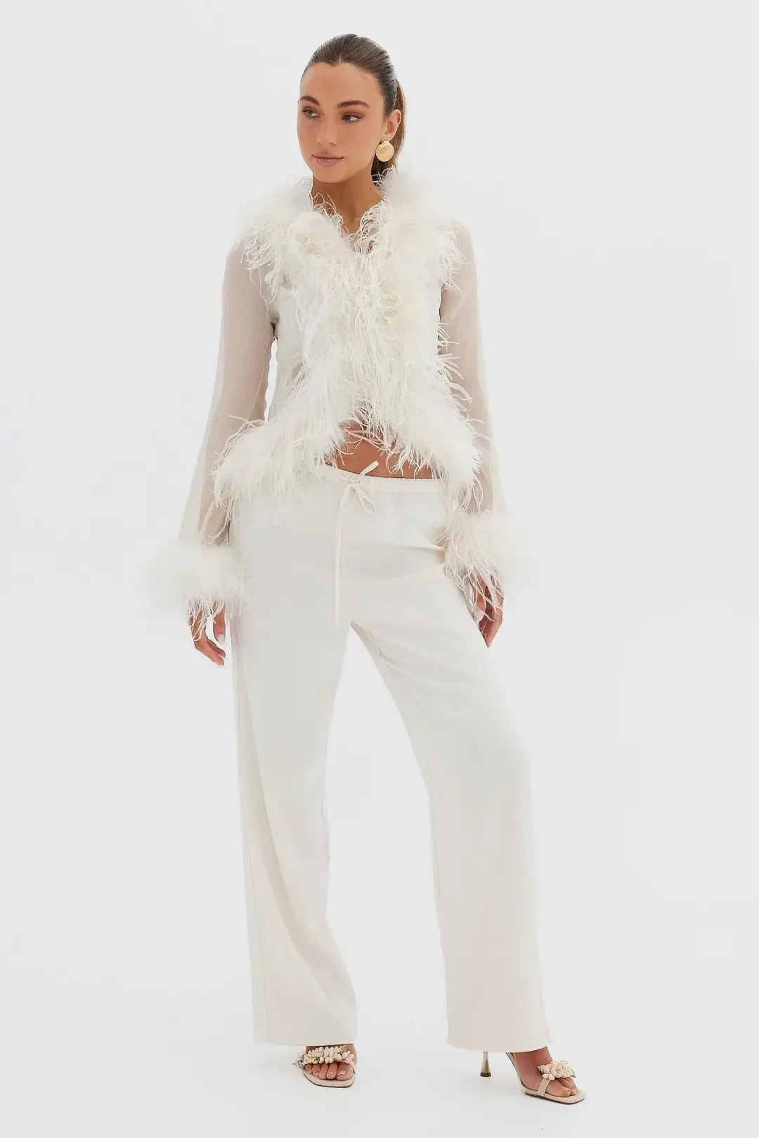 Bubish Gigi Sheer Feather Blouse & Bailey Draw Pant Set Ivory Size 8  for rent on The Volte - main image