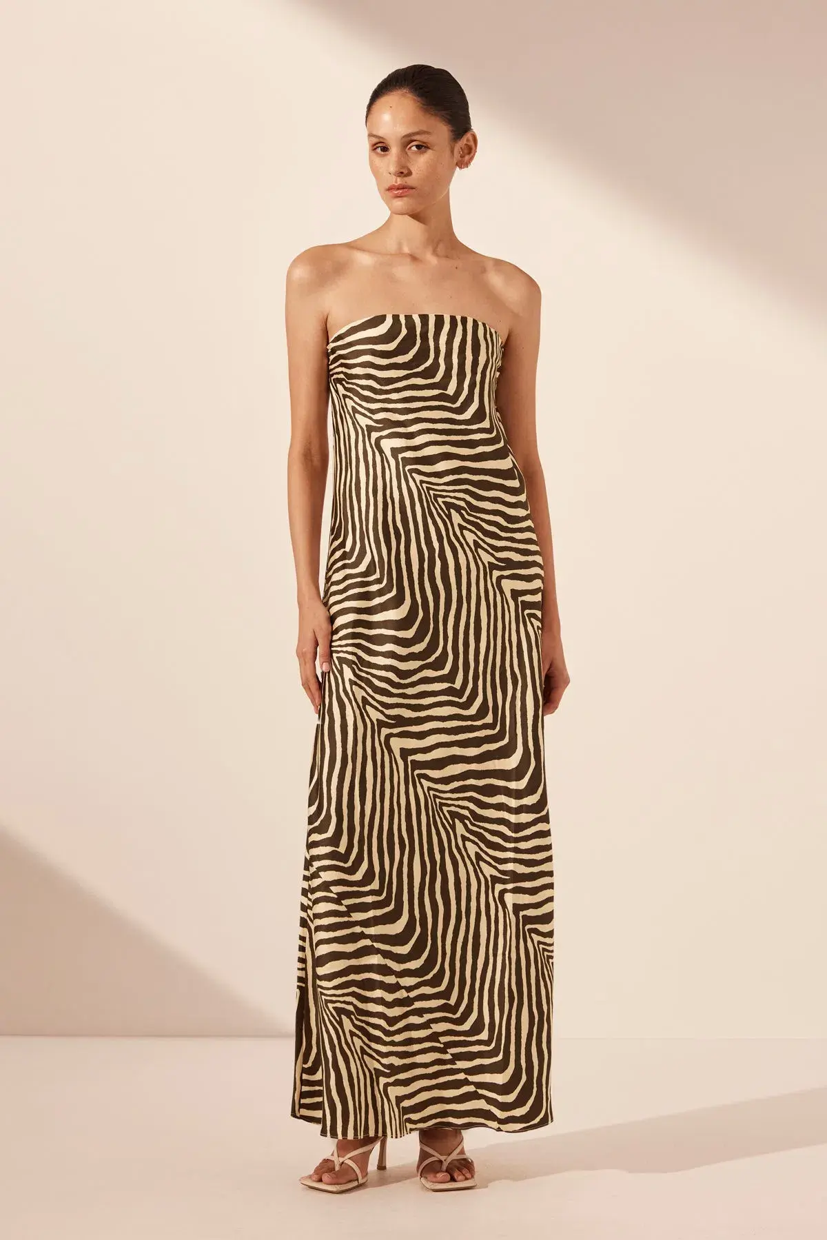 Shona Joy Sana Zebra Silk Strapless Bias Maxi Dress Bone/Chocolate Size 10 - Image 1