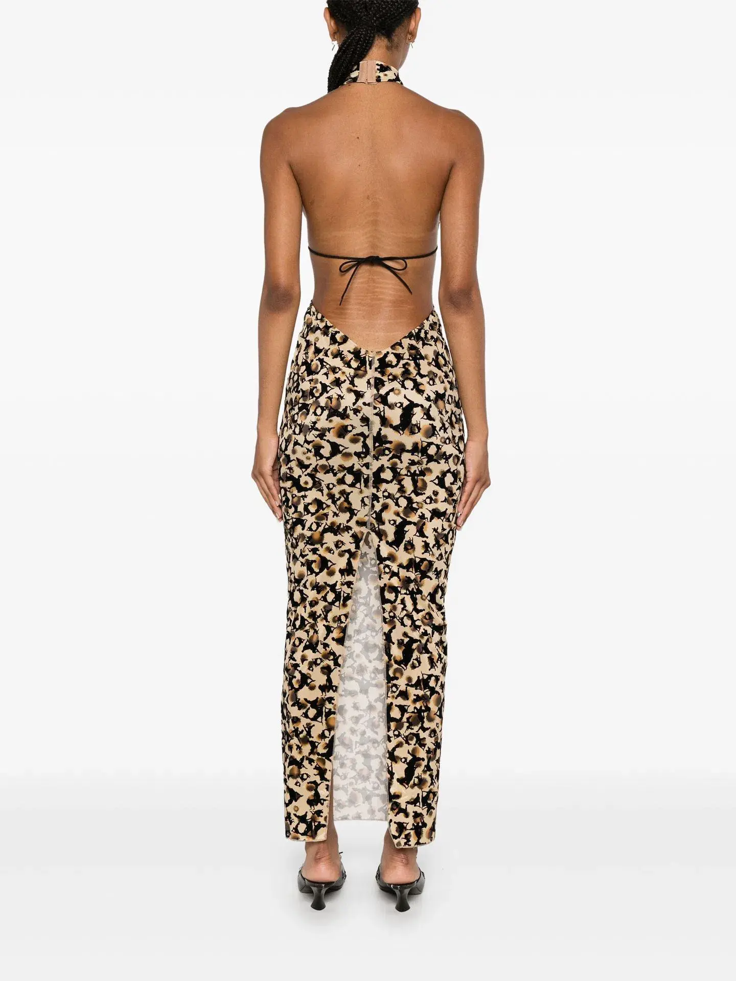 Poster Girl Bare Backless Halterneck Maxi Mesh Dress Beige Leopard Size 8  - Image 3