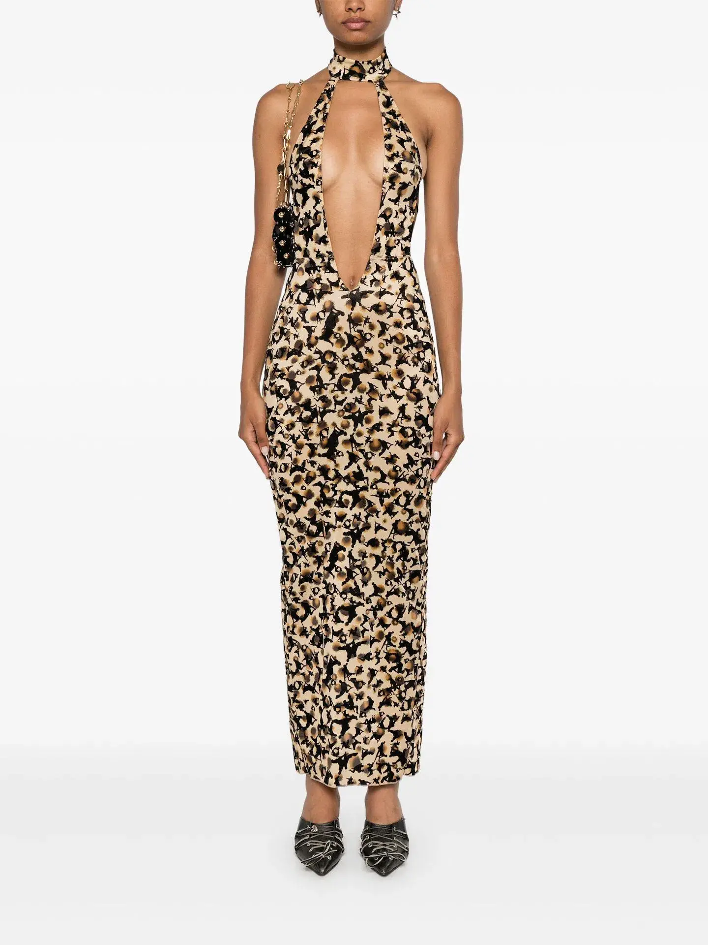 Poster Girl Bare Backless Halterneck Maxi Mesh Dress Beige Leopard Size 8  - Image 1