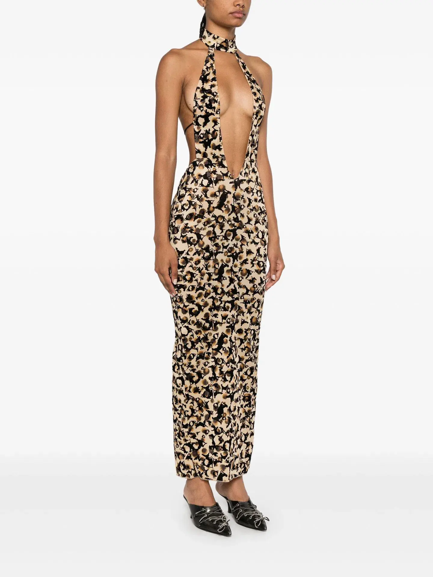 Poster Girl Bare Backless Halterneck Maxi Mesh Dress Beige Leopard Size 8  - Image 2