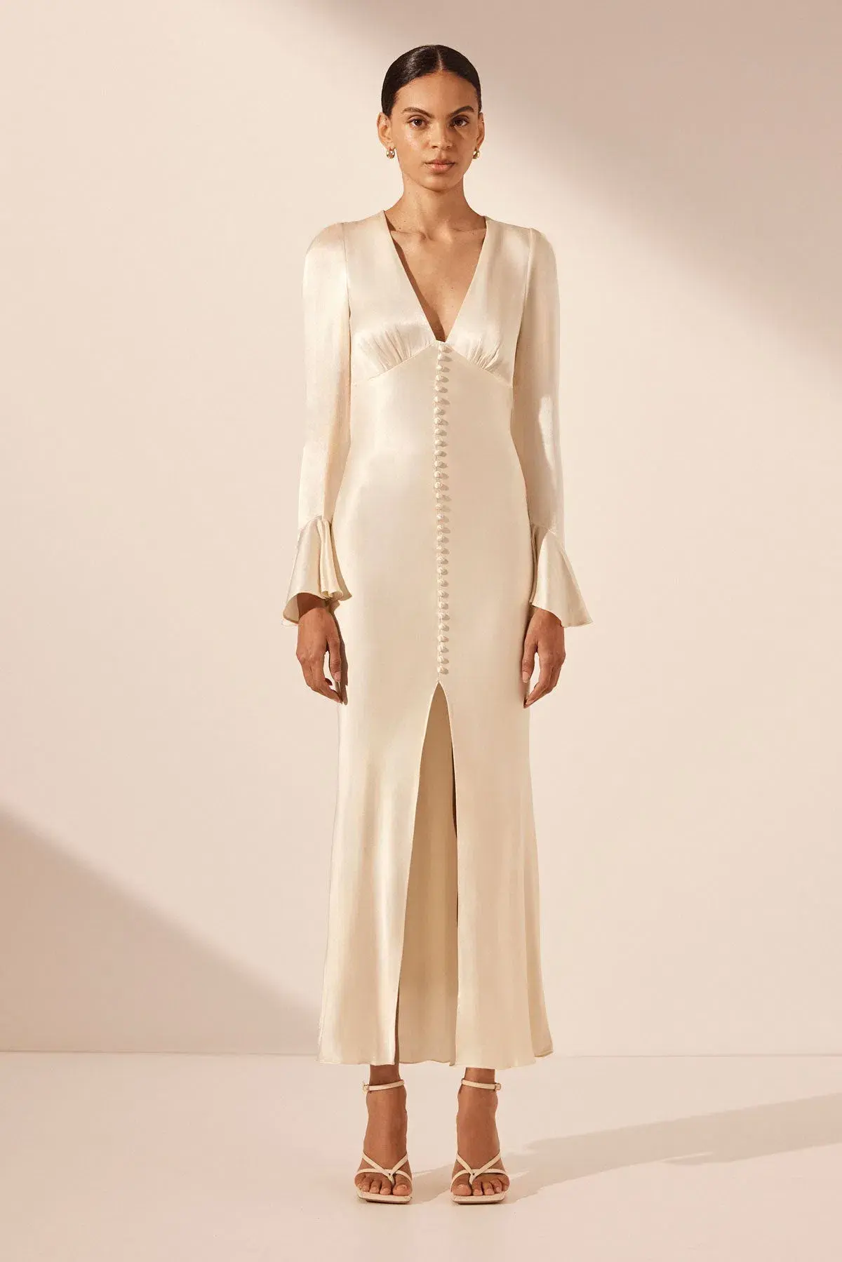 Shona Joy La Lune Frill Cuff Bias Midi Dress Cream Size 6 - Image 1