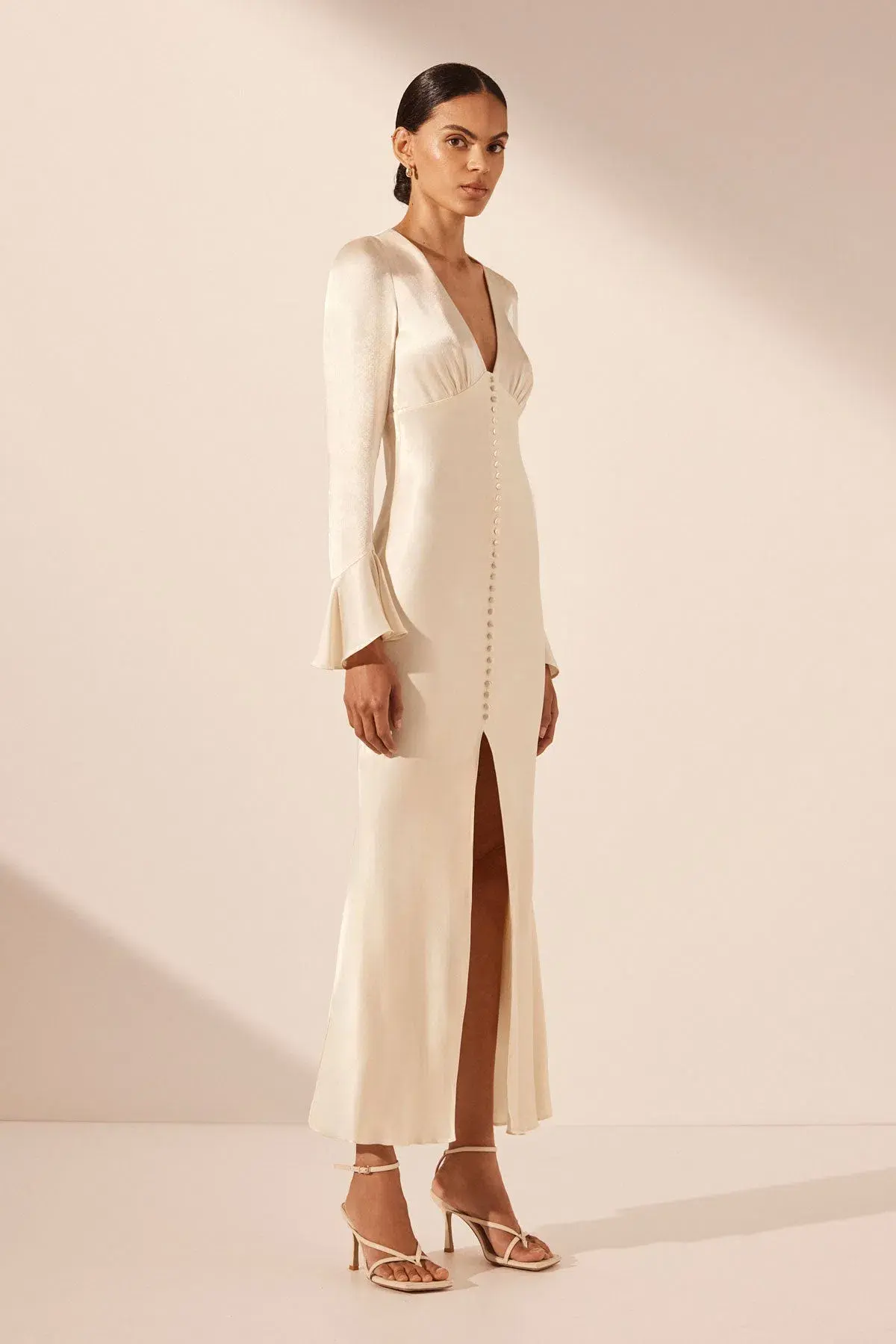 Shona Joy La Lune Frill Cuff Bias Midi Dress Cream Size 6 - Image 2