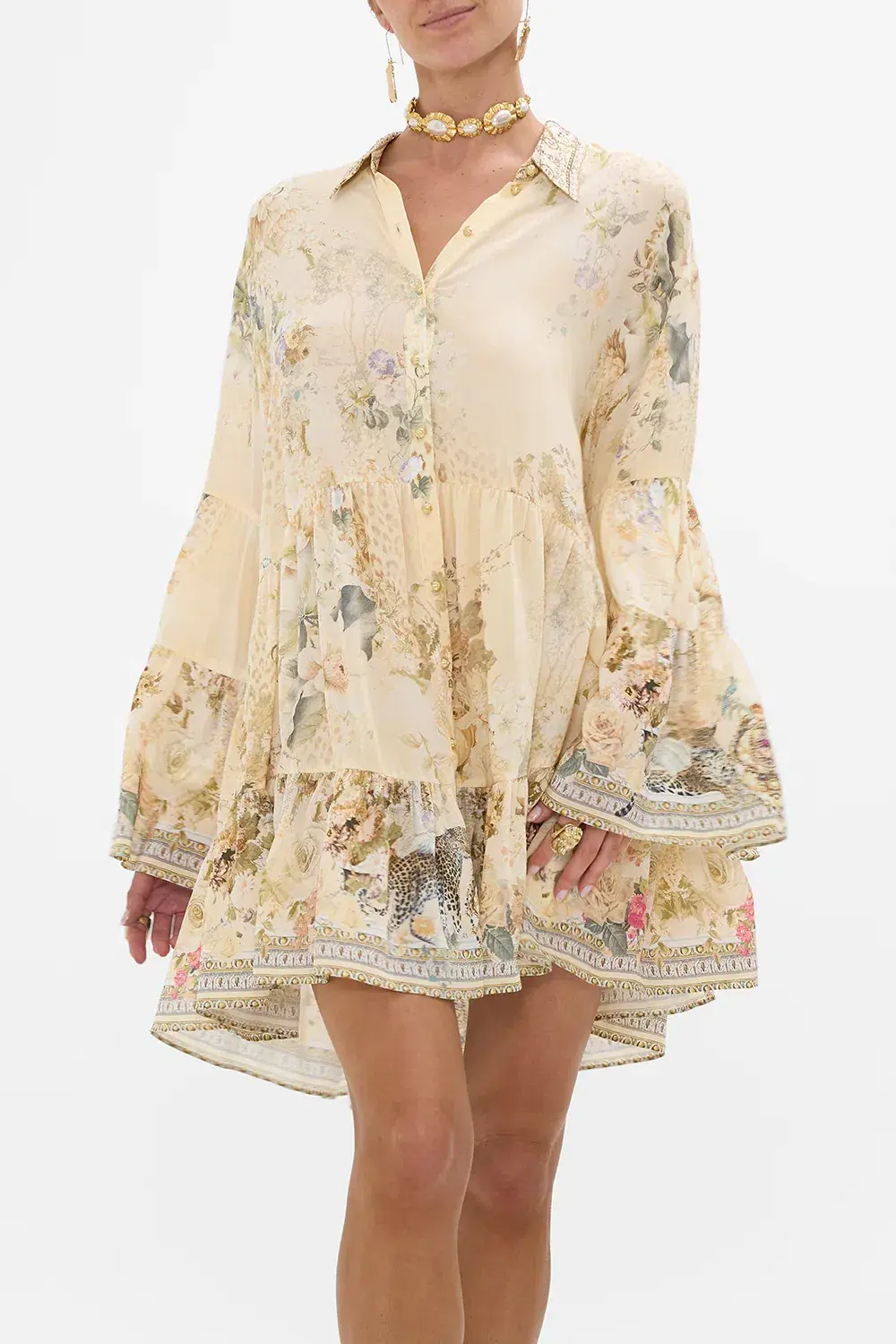 Camilla Tiered Mini Dress With Collar Adorned In Antiquity Size S / AU 10 - Image 2