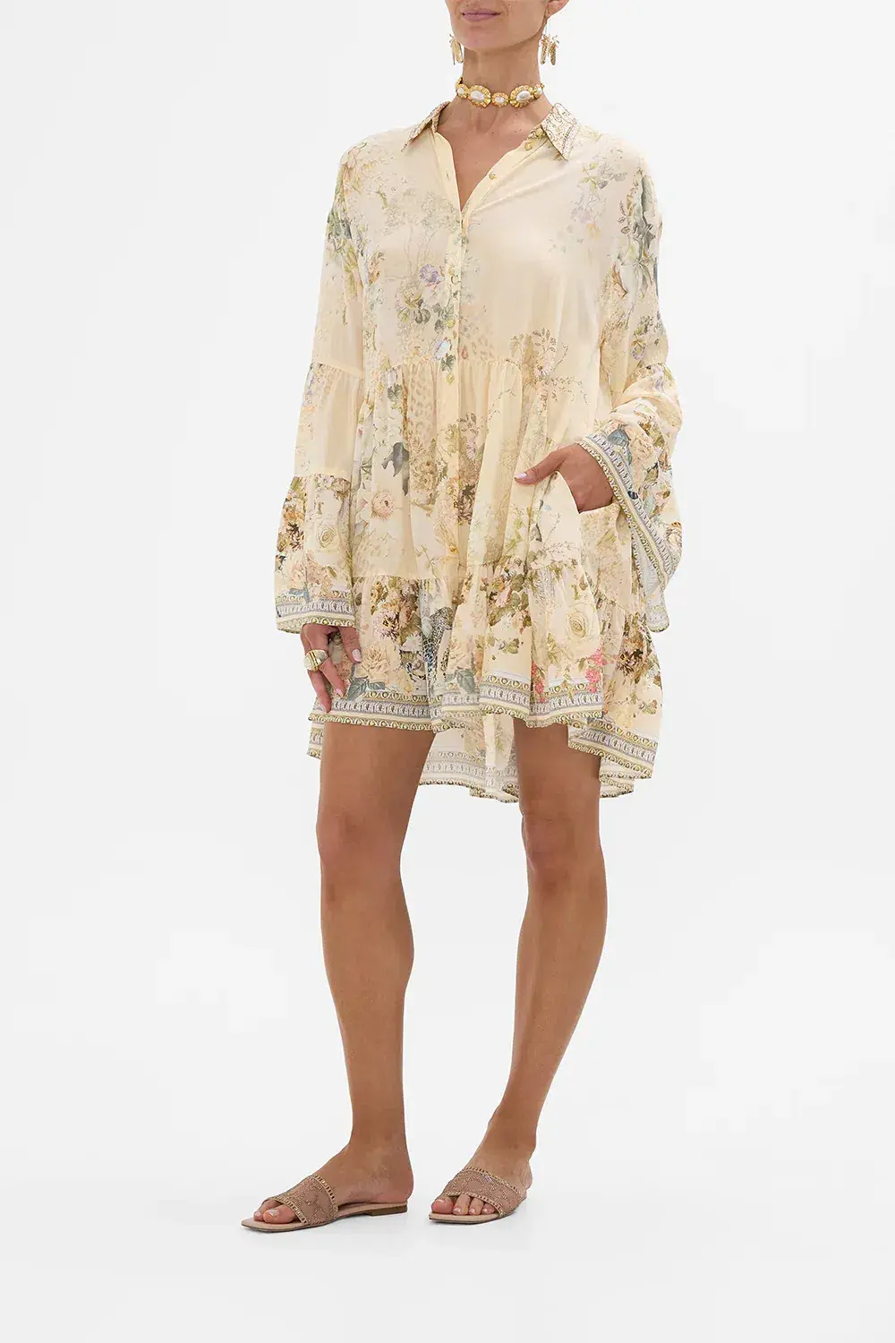 Camilla Tiered Mini Dress With Collar Adorned In Antiquity Size S / AU 10 - Image 1