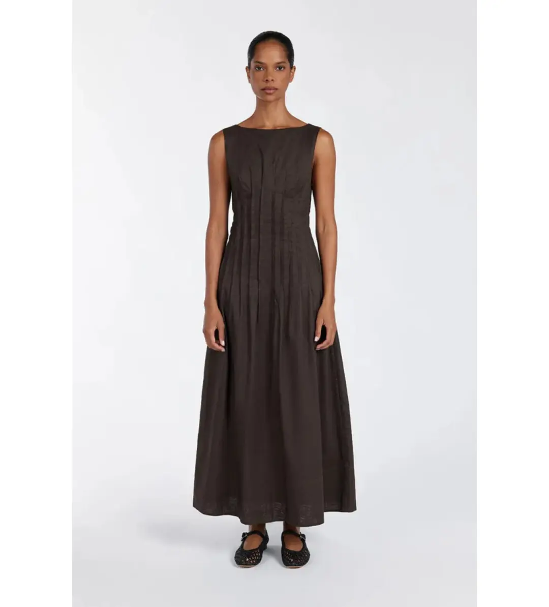 Dissh Mana Bitter Choc Linen Midi Dress Bitter Chocolate Size AU 10 for rent on The Volte - main image