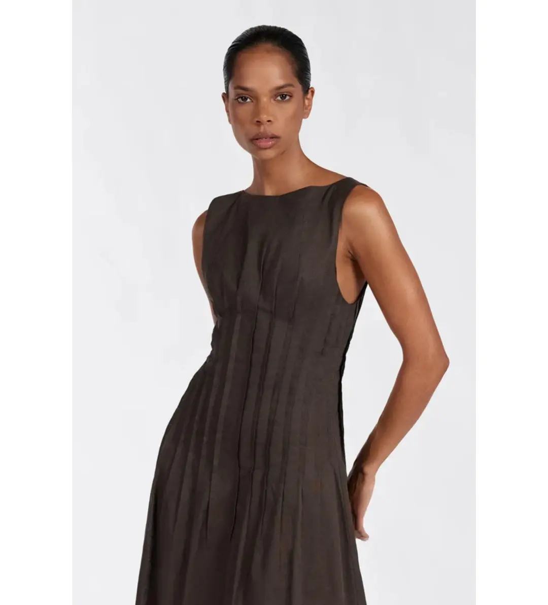 Dissh Mana Bitter Choc Linen Midi Dress Bitter Chocolate Size AU 10 for rent on The Volte - main image