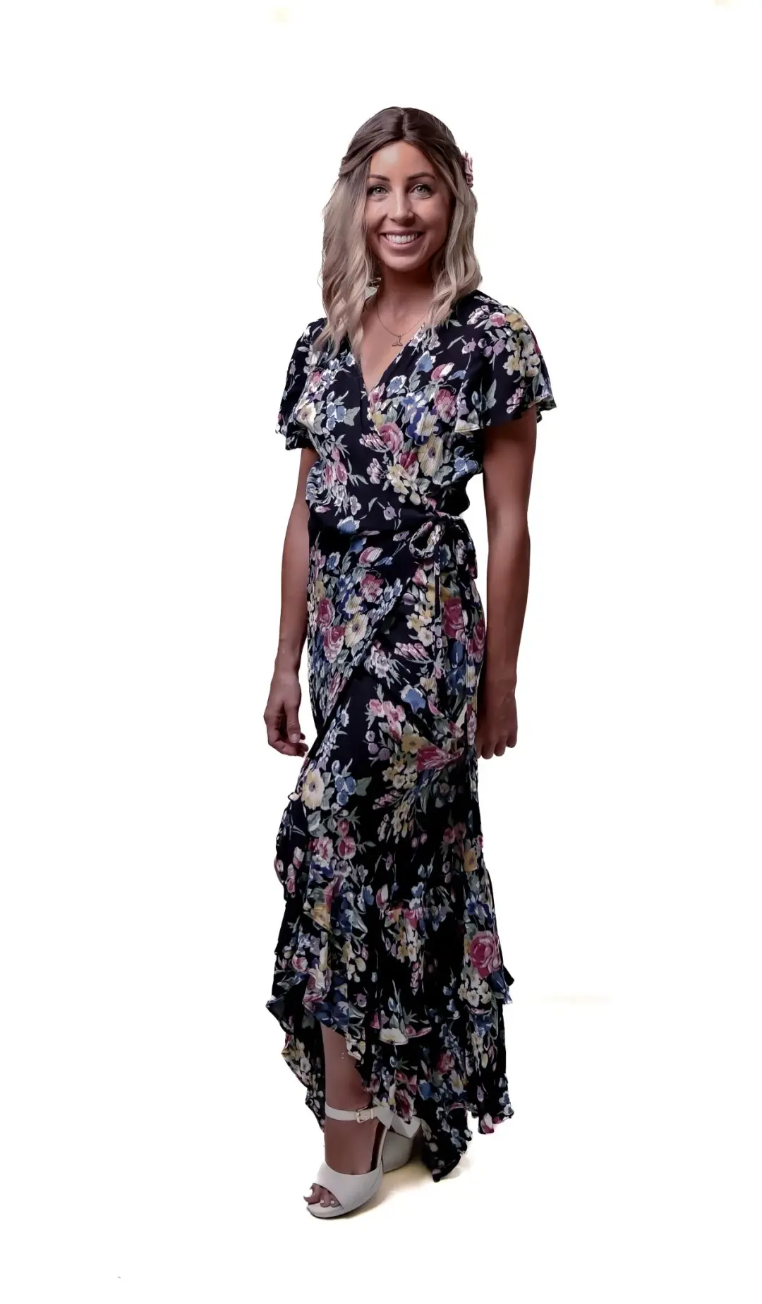 Auguste The Label Beach House Frill Wrap Dress in Bambi Bloom Black Size AU 8  for rent on The Volte - main image