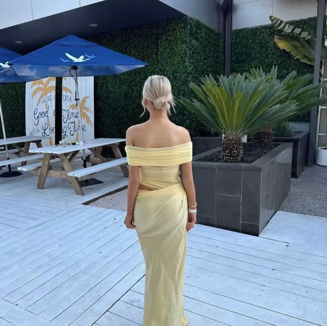 BENNI. Nico Off Shoulder Maxi Dress Butter Size S/AU 8 for rent on The Volte - main image