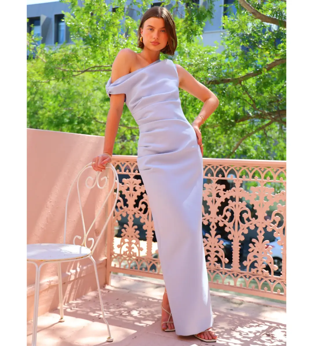 By Nicola Vivian Crepe Maxi Dress in Ice Blue Size 10 for rent on The Volte - main image