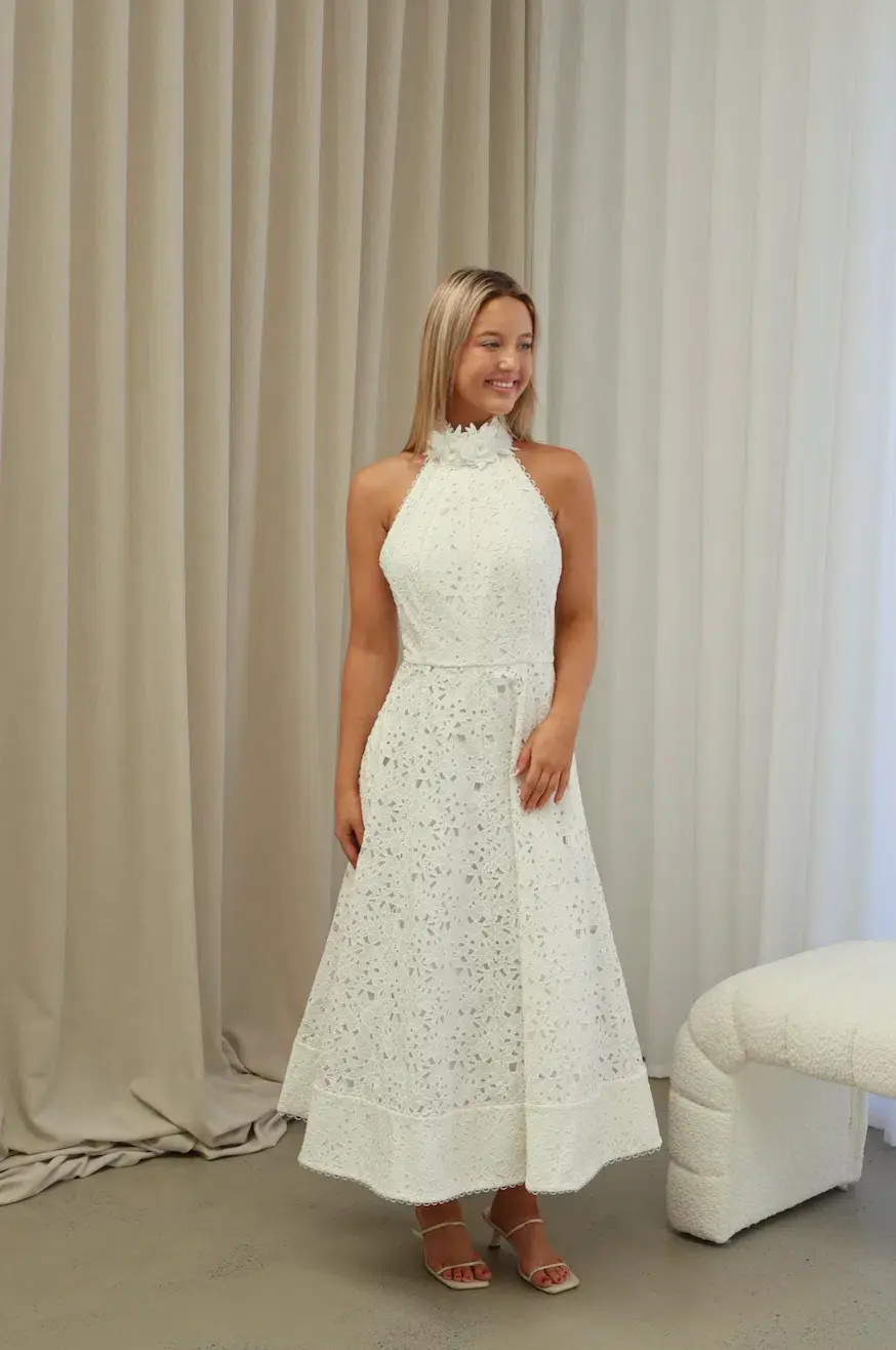 Rebecca Vallance Nuvola Halter Midi Dress in Ivory Size AU 8 for rent on The Volte - main image