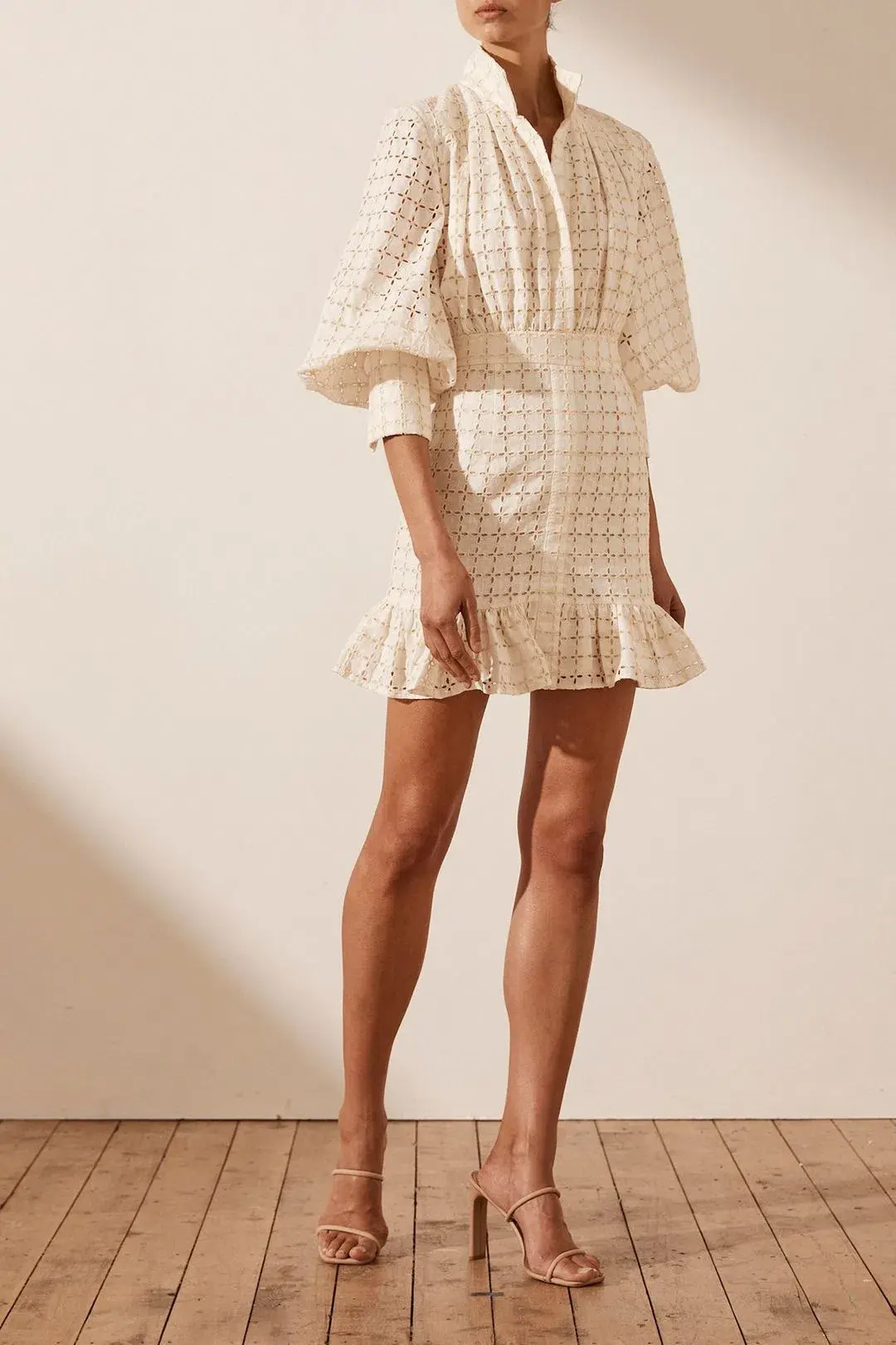 Shona Joy Penelope Linen Balloon Sleeve Mini Dress Ivory Size AU 10 / US 6 - Image 4