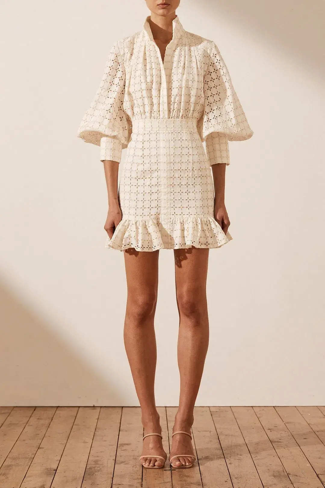 Shona Joy Penelope Linen Balloon Sleeve Mini Dress Ivory Size AU 10 / US 6 - Image 5