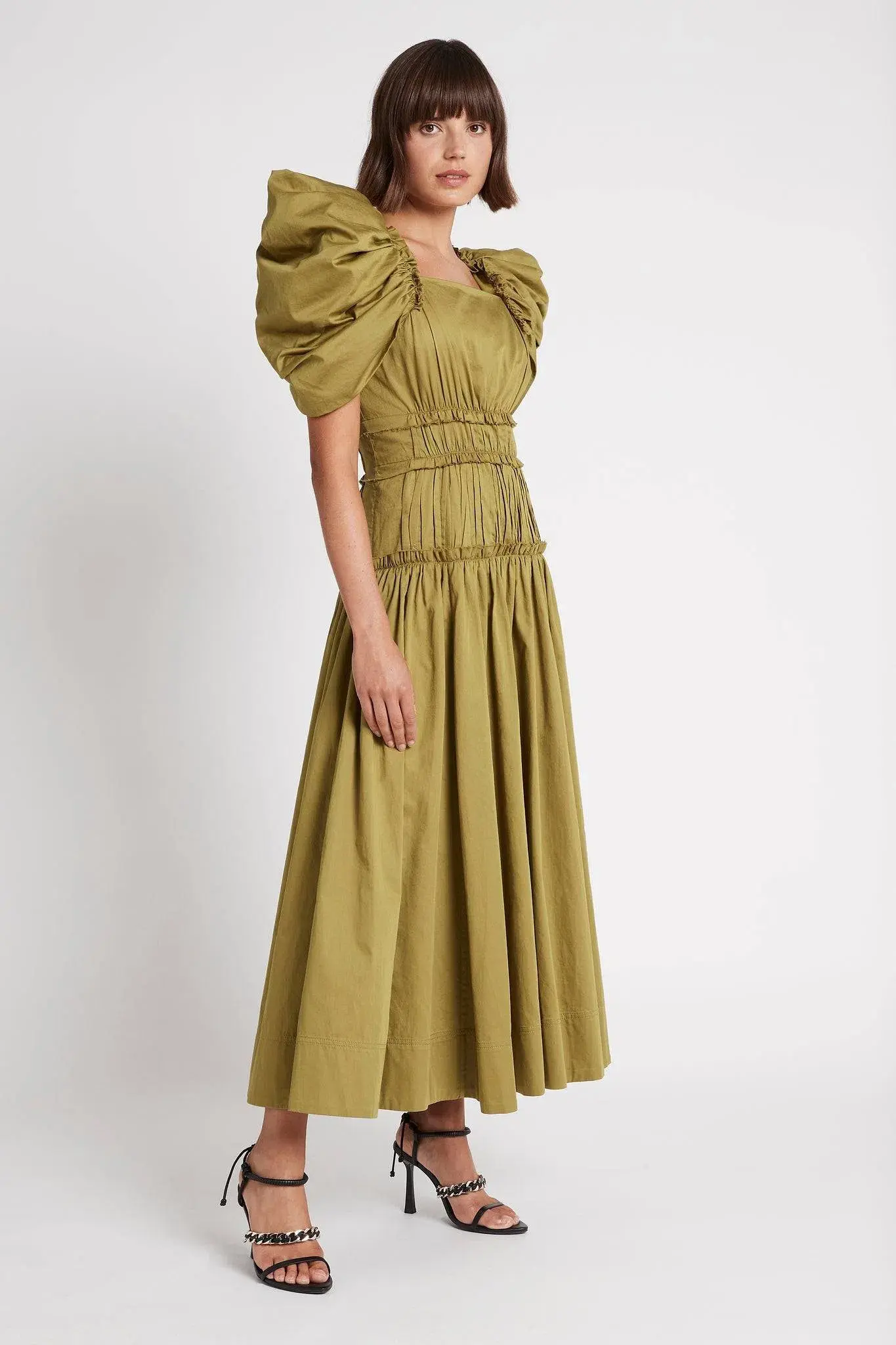 Aje Frequency Butterfly Sleeve Midi Dress Olive Green Size 6 - Image 1