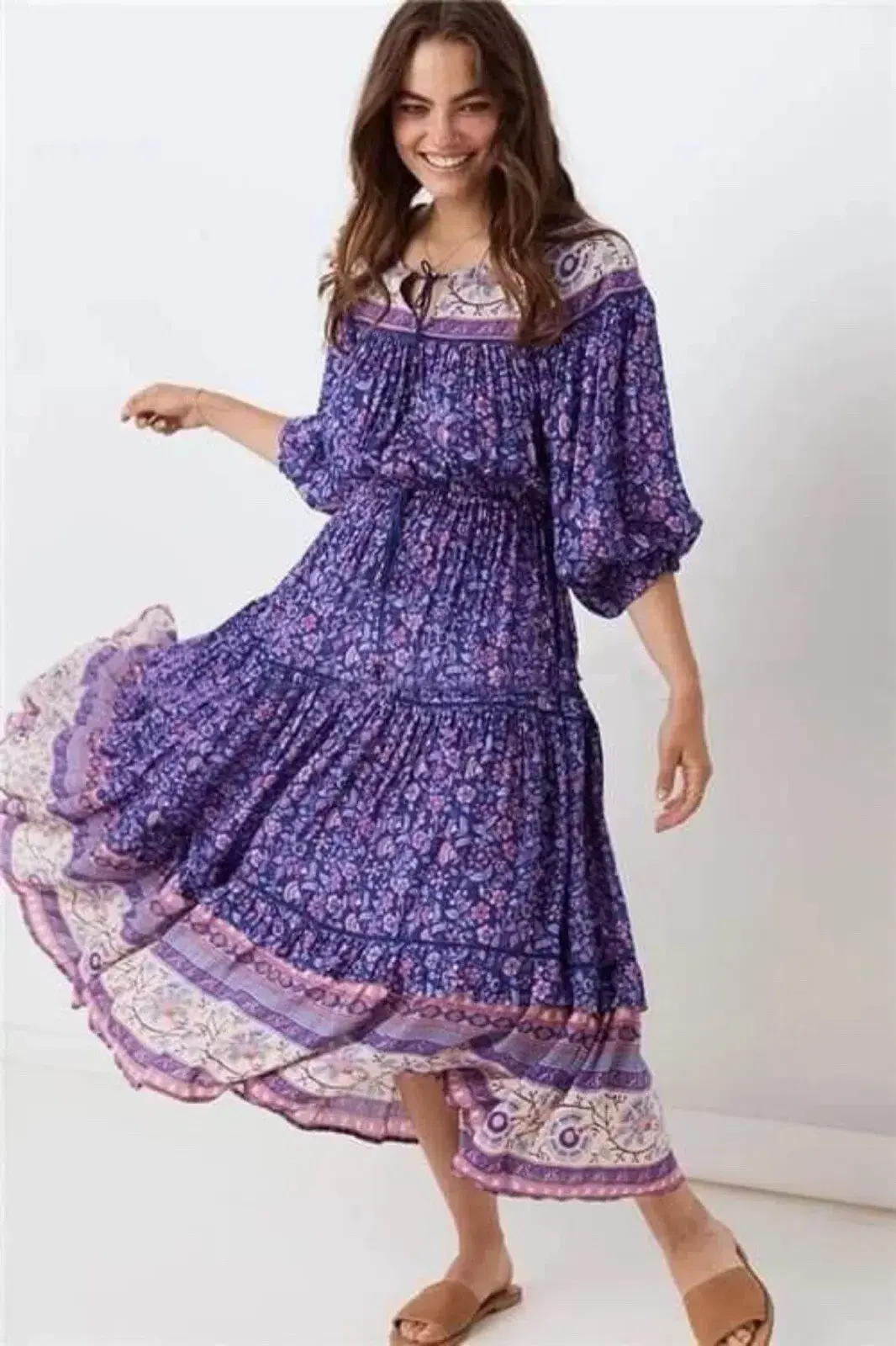 Spell & The Gypsy Collective Dahlia Boho Midi Dress Purple Haze Floral Size M / AU 10  for rent on The Volte - main image