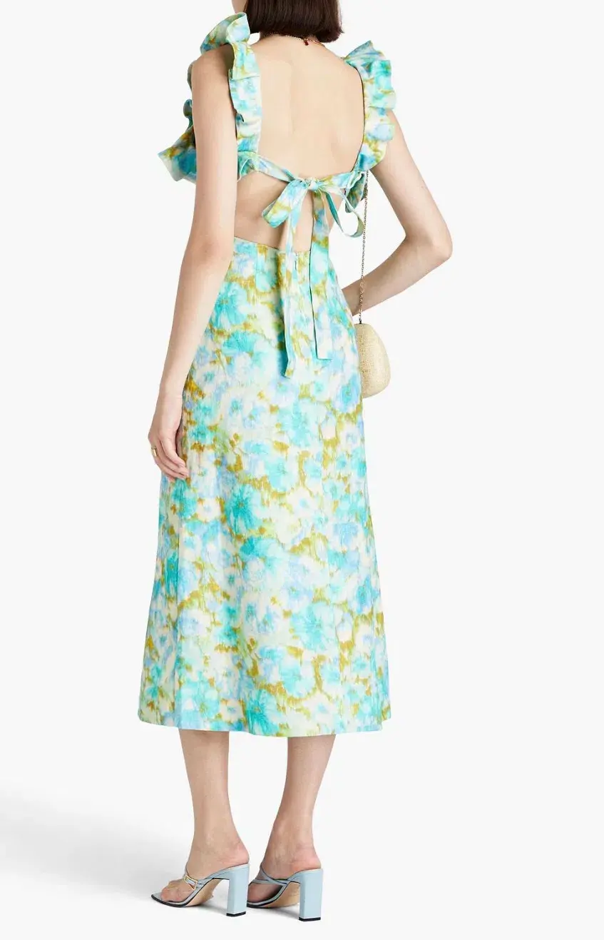 Zimmermann High Tide Frilled Ruffle Midi Dress Aqua Ikat Floral Size 3 / 14 AU - Image 2