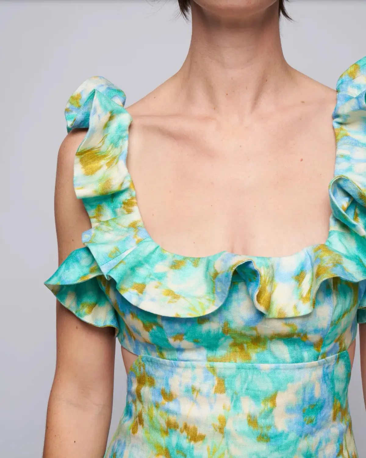 Zimmermann High Tide Frilled Ruffle Midi Dress Aqua Ikat Floral Size 3 / 14 AU - Image 6