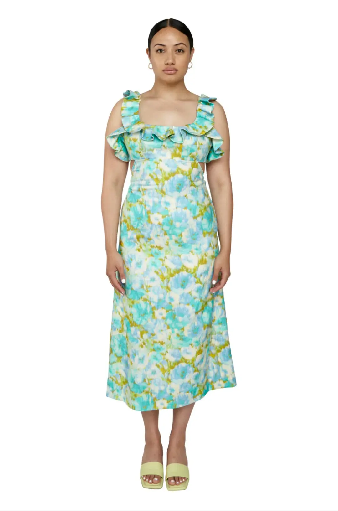 Zimmermann High Tide Frilled Ruffle Midi Dress Aqua Ikat Floral Size 3 / 14 AU for rent on The Volte - main image