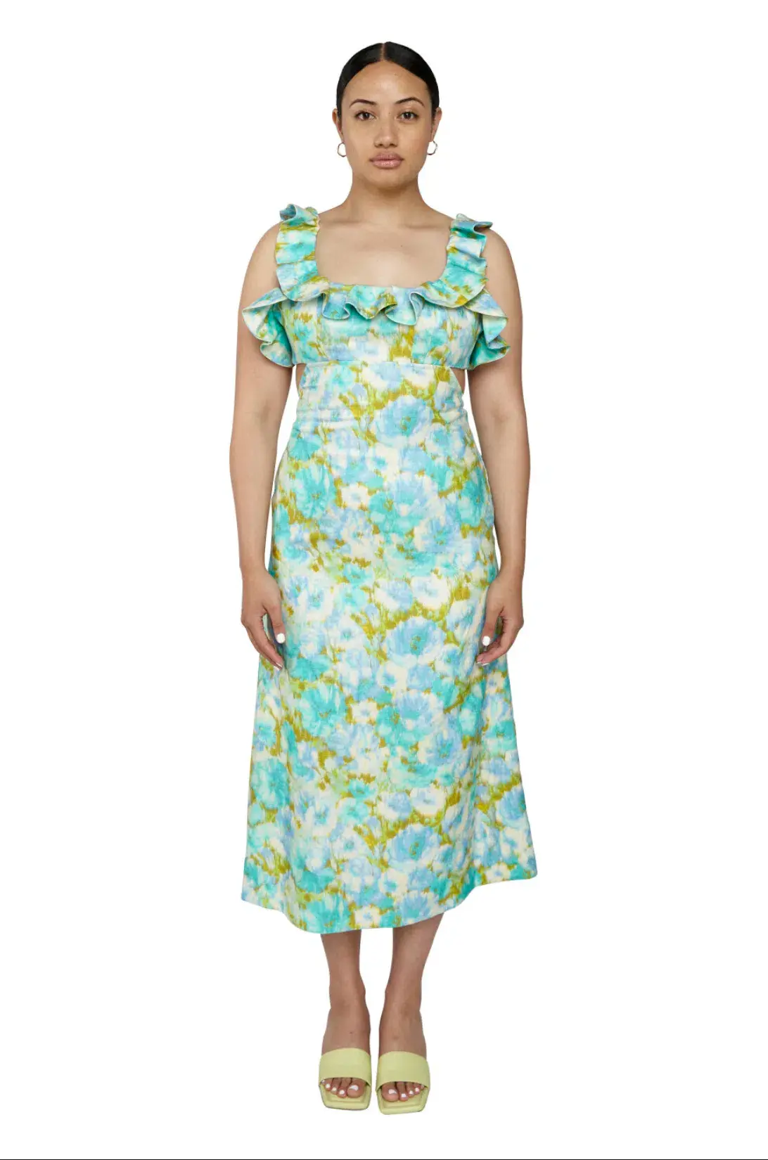 Zimmermann High Tide Frilled Ruffle Midi Dress Aqua Ikat Floral Size 3 / 14 AU - Image 2