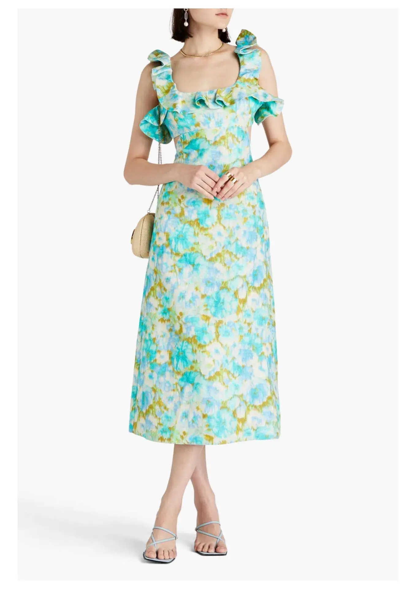 Zimmermann High Tide Frilled Ruffle Midi Dress Aqua Ikat Floral Size 3 / 14 AU - Image 1