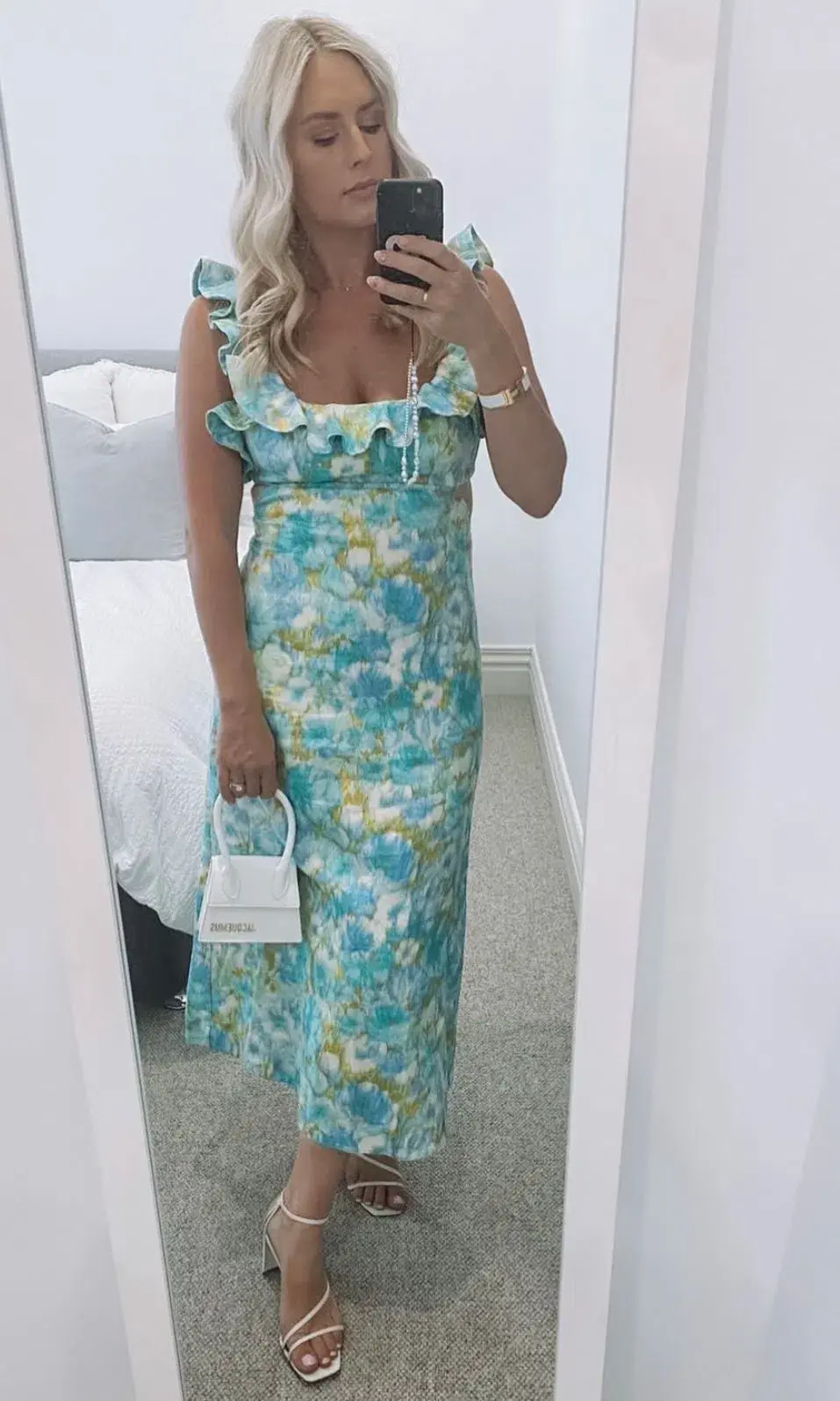 Zimmermann High Tide Frilled Ruffle Midi Dress Aqua Ikat Floral Size 3 / 14 AU for rent on The Volte - main image