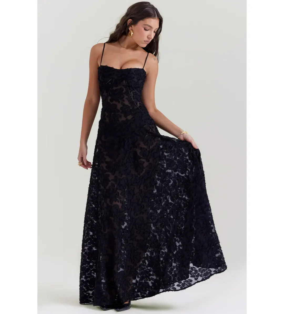 House of CB Seren Floral Lace Back Maxi Dress Black Size XS / AU 6 for rent on The Volte - main image