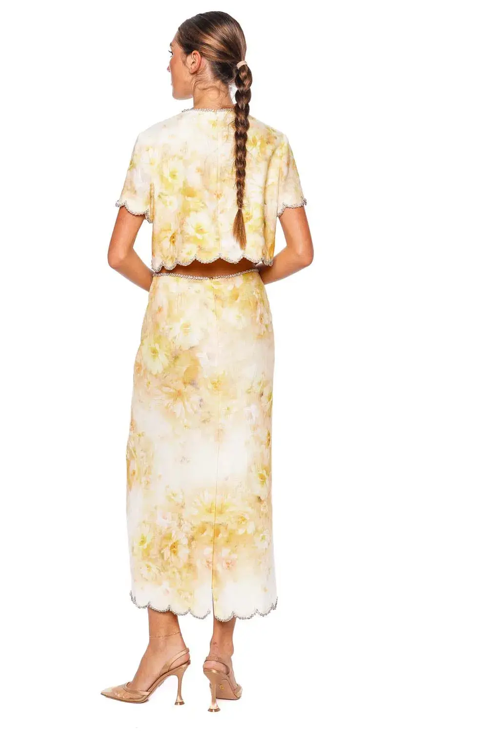 Zimmermann Crush Scalloped Top & Midi Skirt Set Yellow Floral Size 0 / AU 8 - Image 2