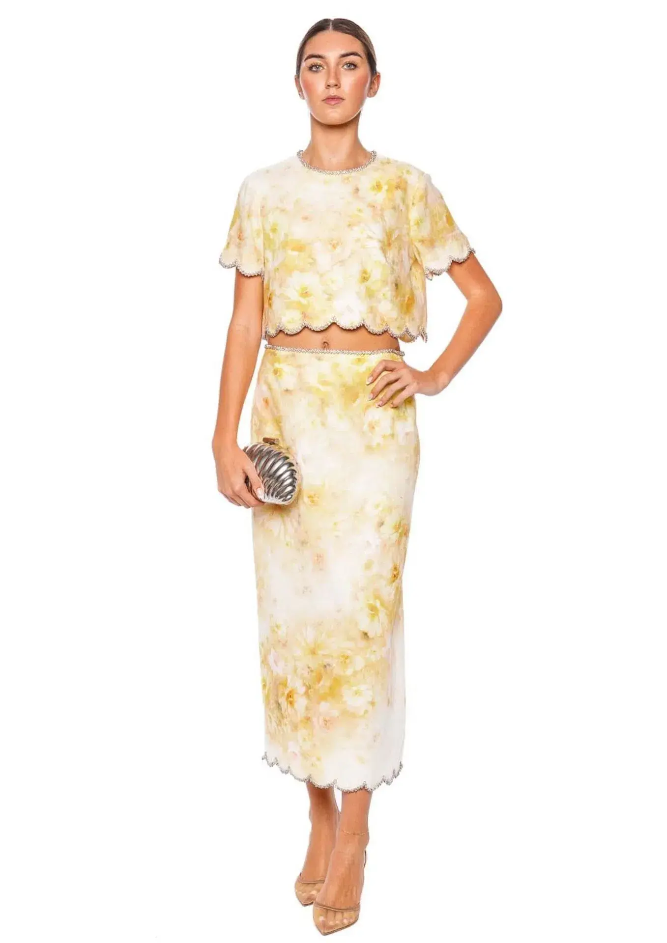 Zimmermann Crush Scalloped Top & Midi Skirt Set Yellow Floral Size 0 / AU 8 - Image 1