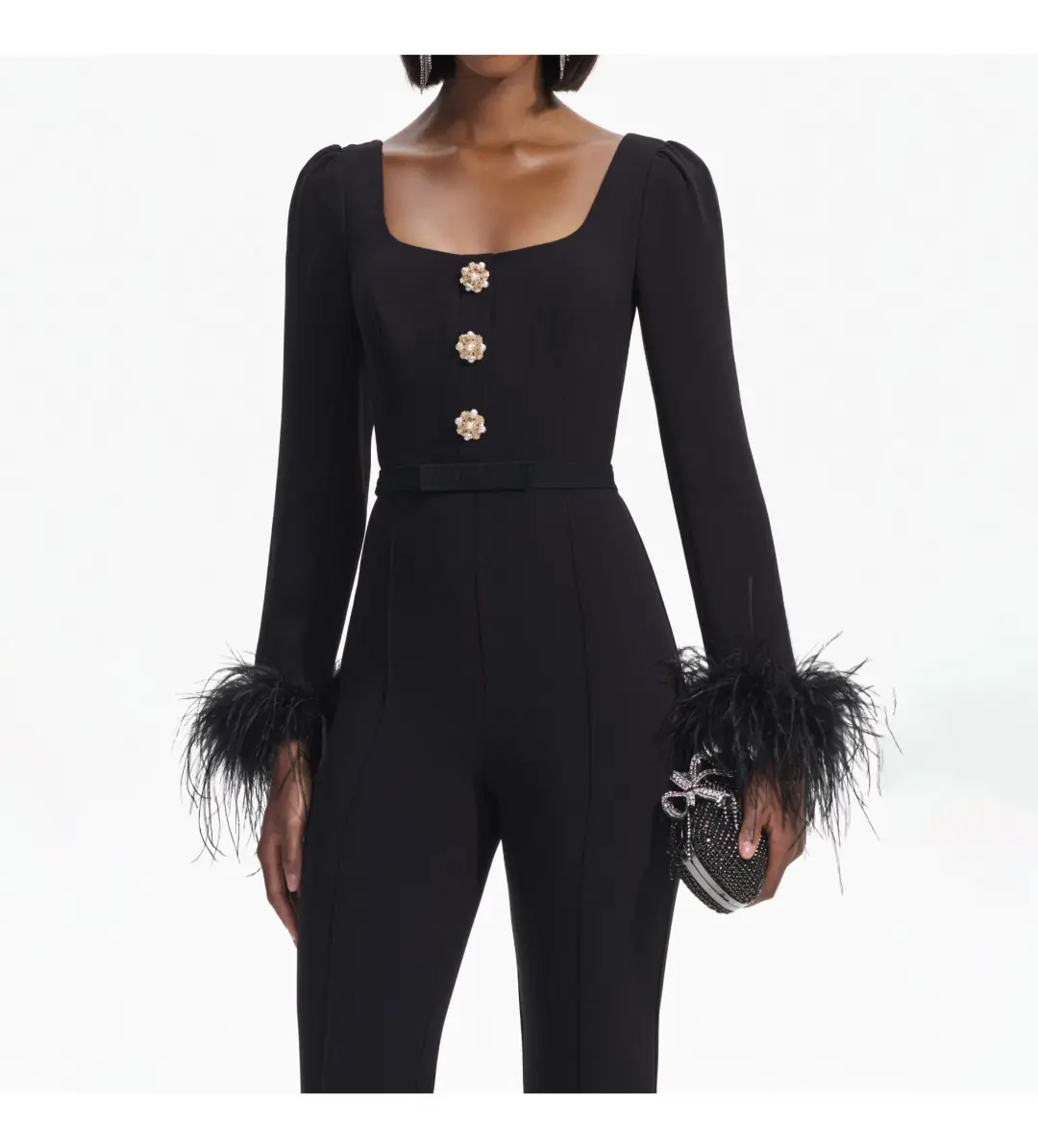 Self Portrait Crepe Feather Jumpsuit Black Size AU 8  for rent on The Volte - main image