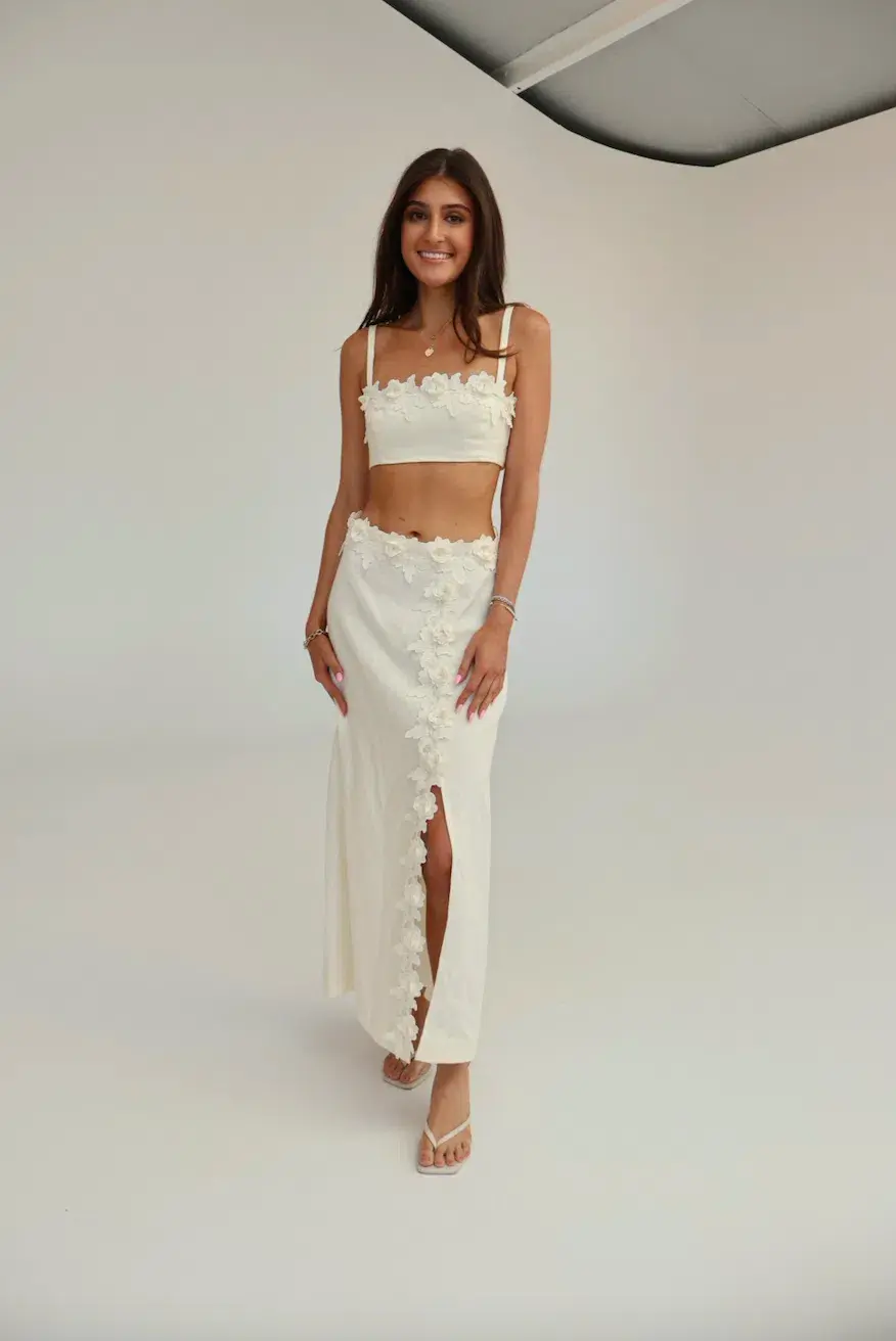 Oroton Rosebud Lace Bralet and Midi Skirt Set Soft Cream Size 8 - Image 1