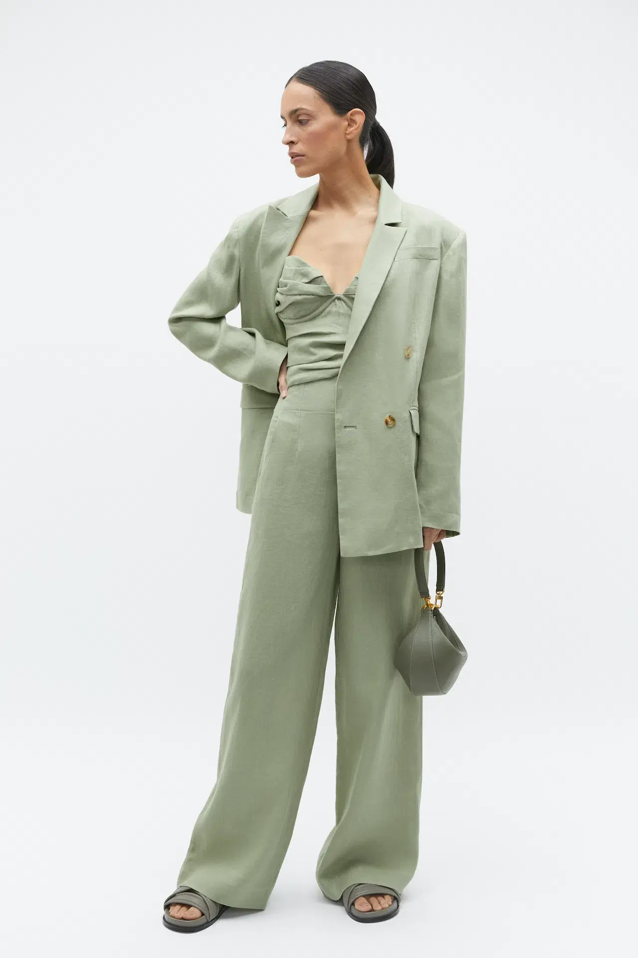 Seed Heritage Linen Balconette Top & Core Linen Waisted Pant Set Pale Olive Green Size 8 - Image 1